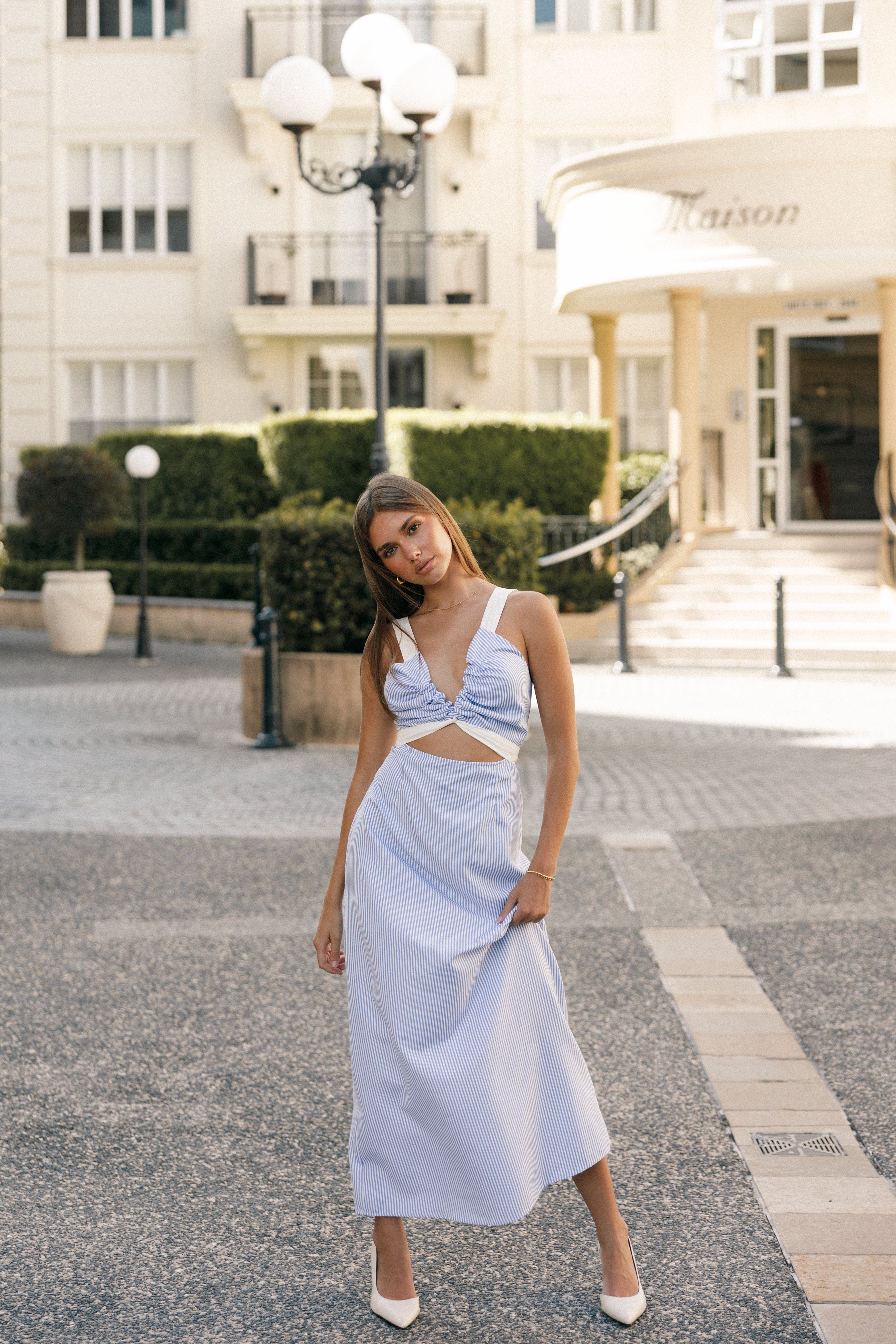 Blue Stripe Bailee Maxi Dress with V-Neck & Cutout Detail