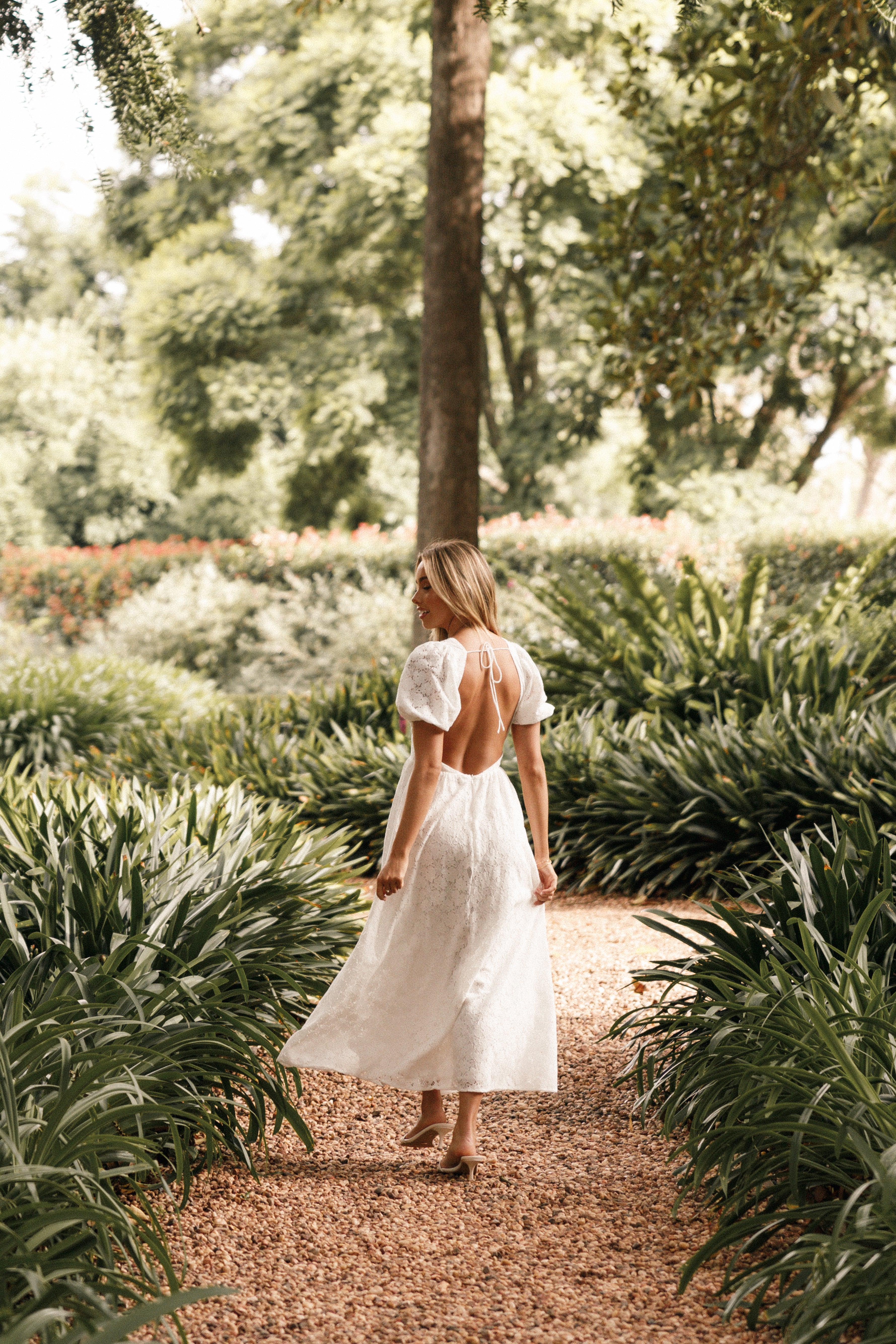 White Lace Midi Dress with V-Neck & Open Back | Ayden
