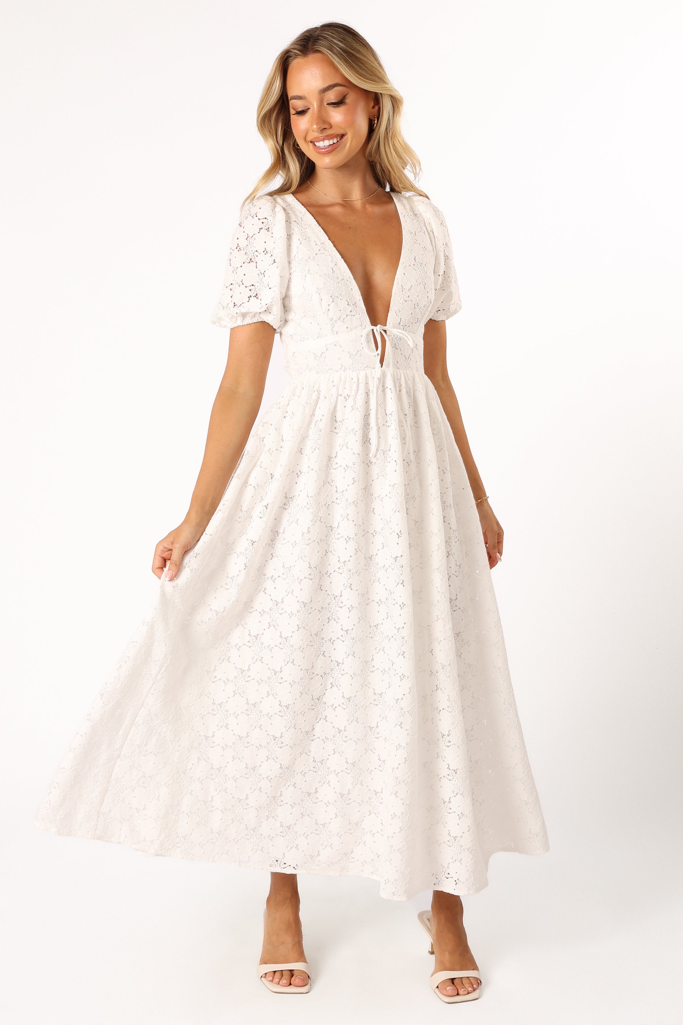 White Lace Midi Dress with V-Neck & Open Back | Ayden