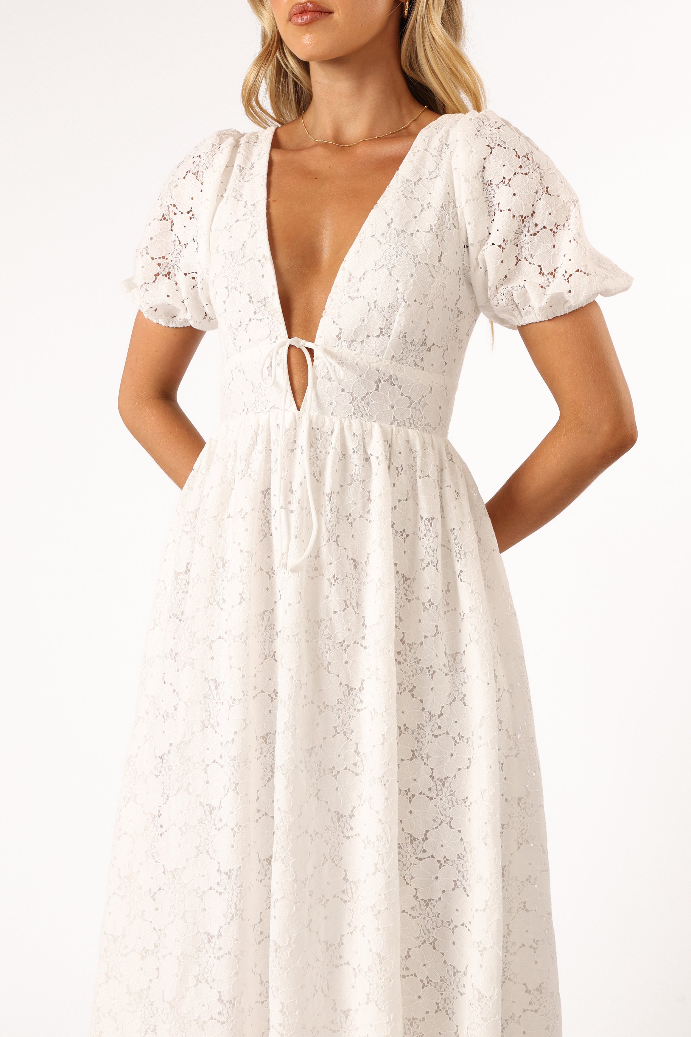 White Lace Midi Dress with V-Neck & Open Back | Ayden