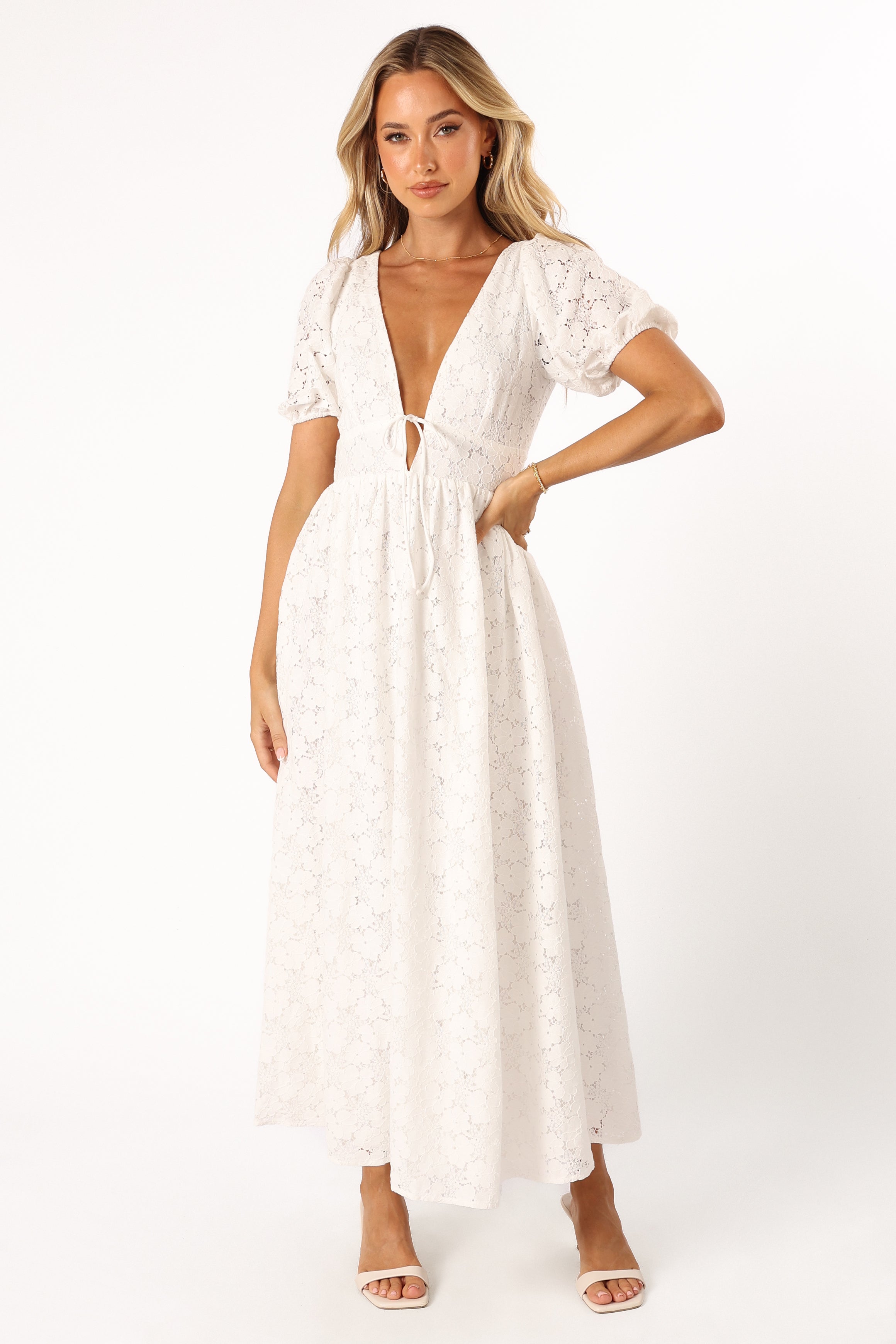 White Lace Midi Dress with V-Neck & Open Back | Ayden