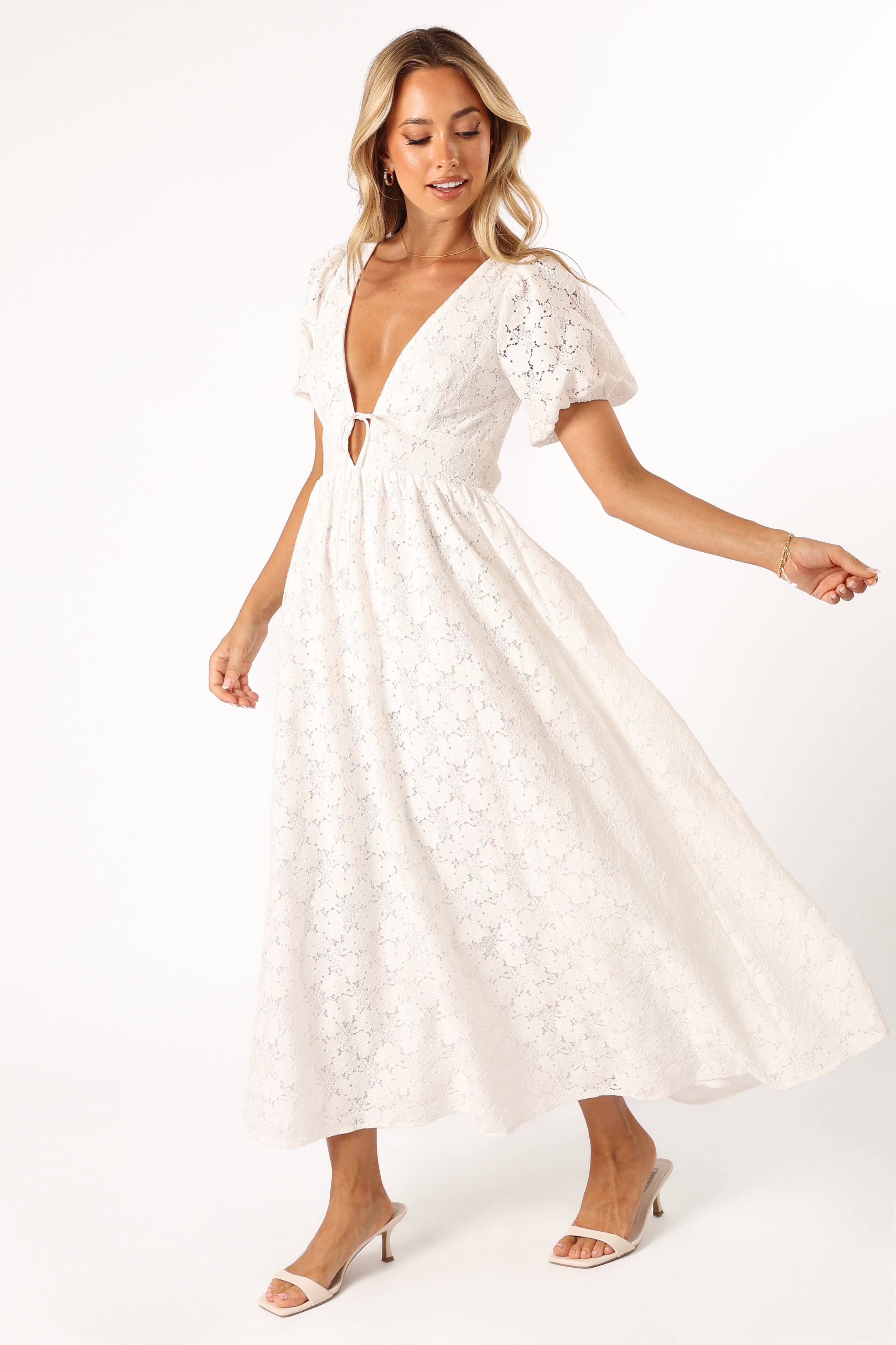 White Lace Midi Dress with V-Neck & Open Back | Ayden