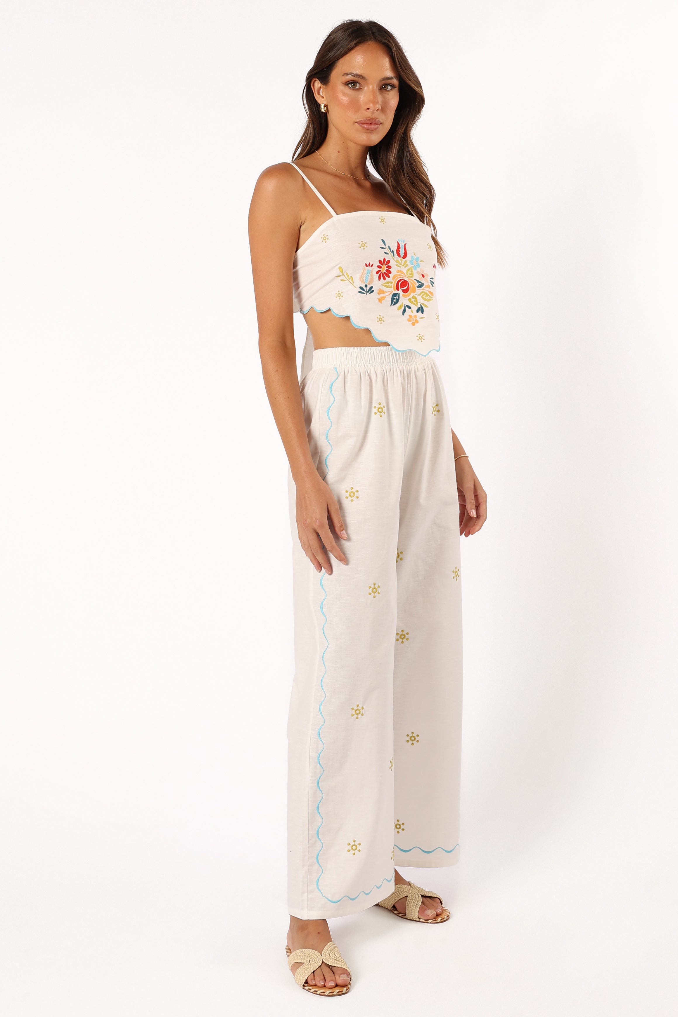 Floral Embroidered Cropped Top & High-Waisted Pant Set - Off White
