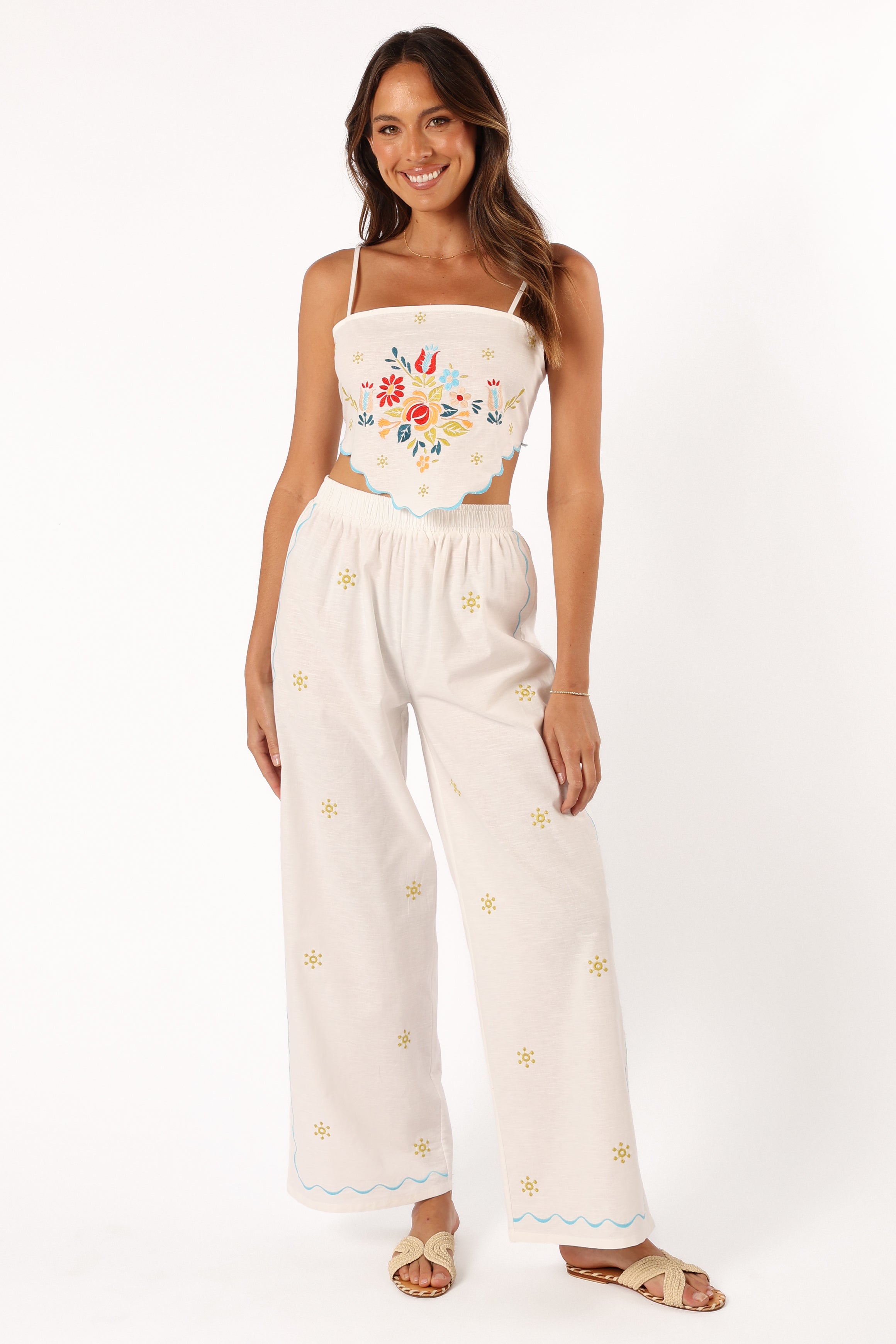 Floral Embroidered Cropped Top & High-Waisted Pant Set - Off White