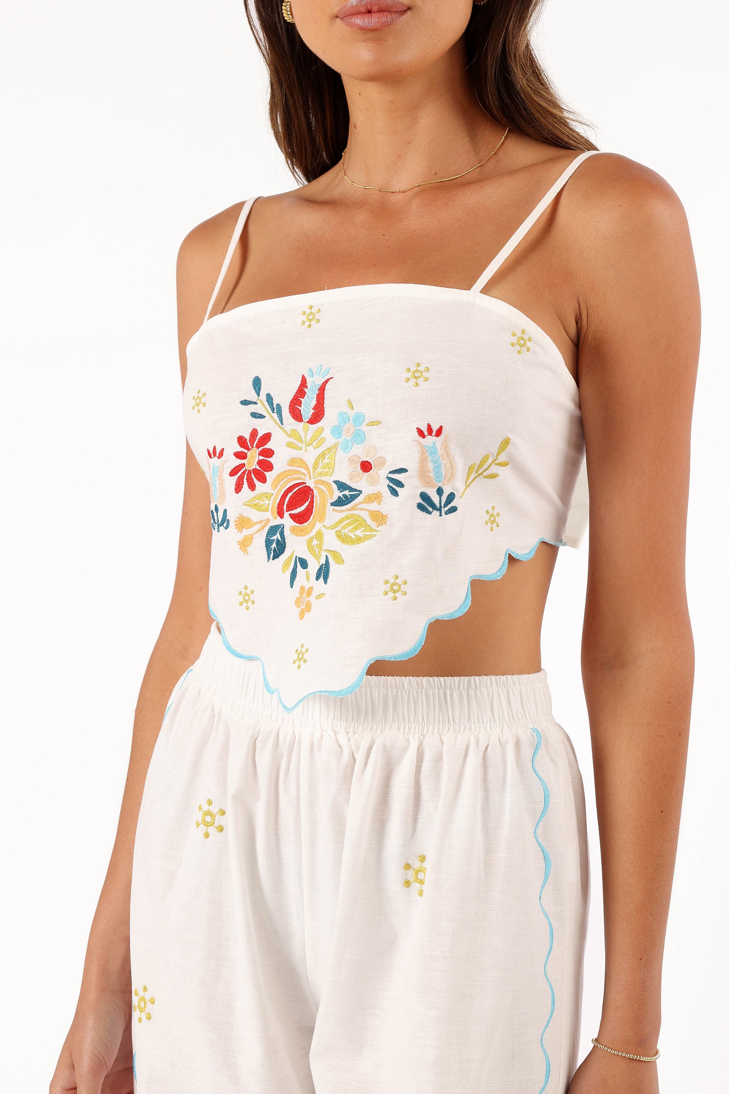 Floral Embroidered Cropped Top & High-Waisted Pant Set - Off White