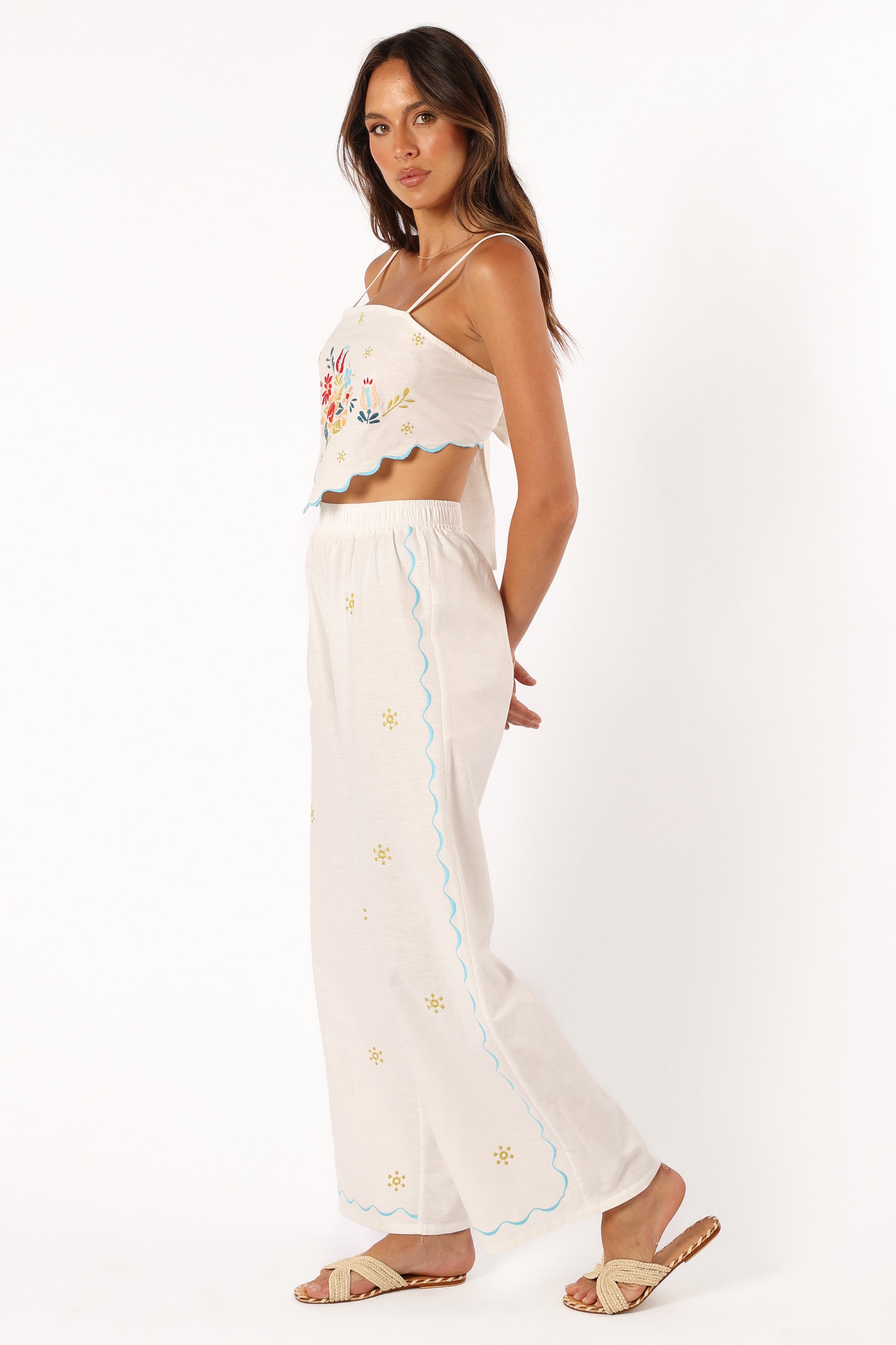 Floral Embroidered Cropped Top & High-Waisted Pant Set - Off White