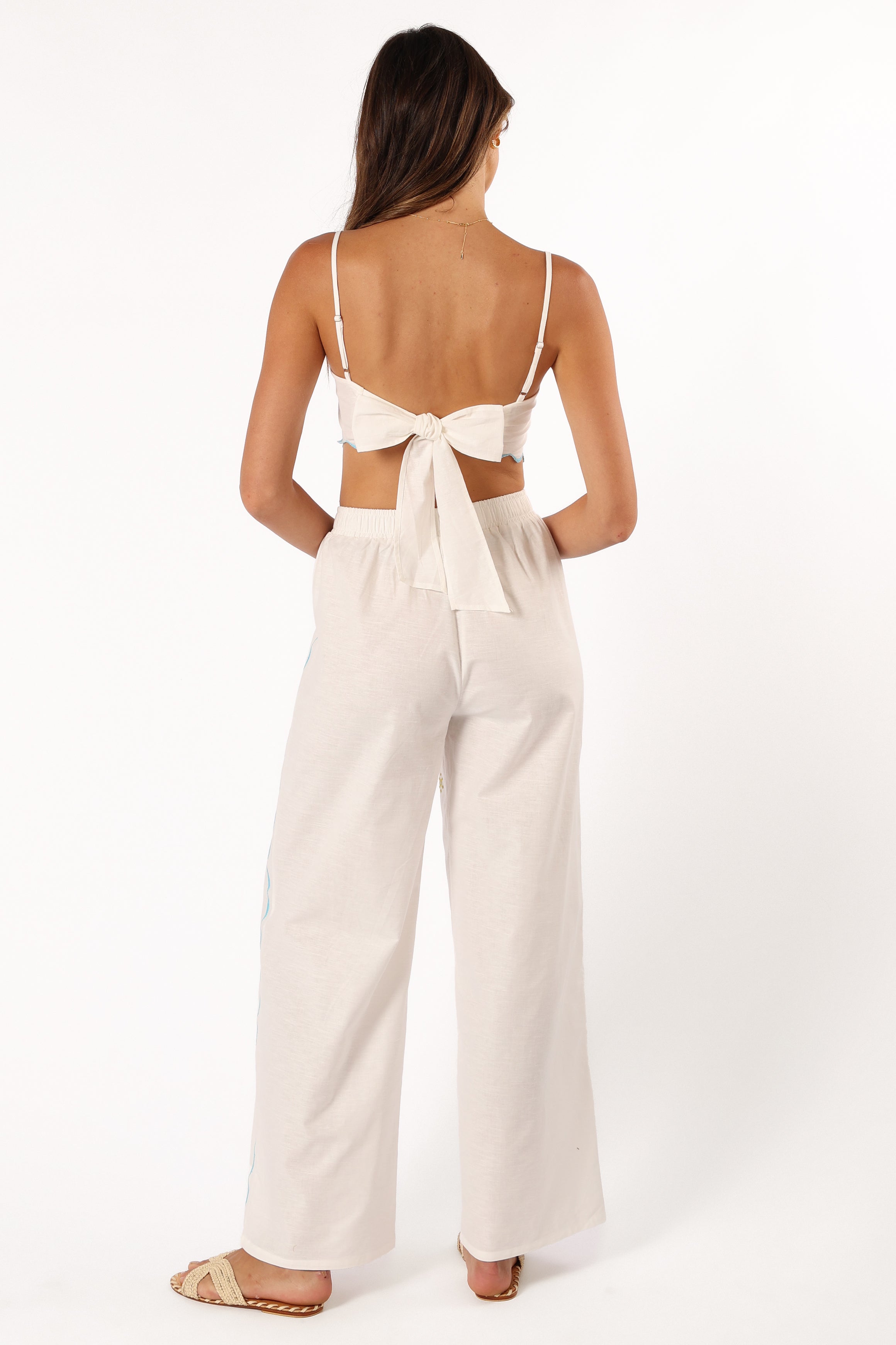 Floral Embroidered Cropped Top & High-Waisted Pant Set - Off White