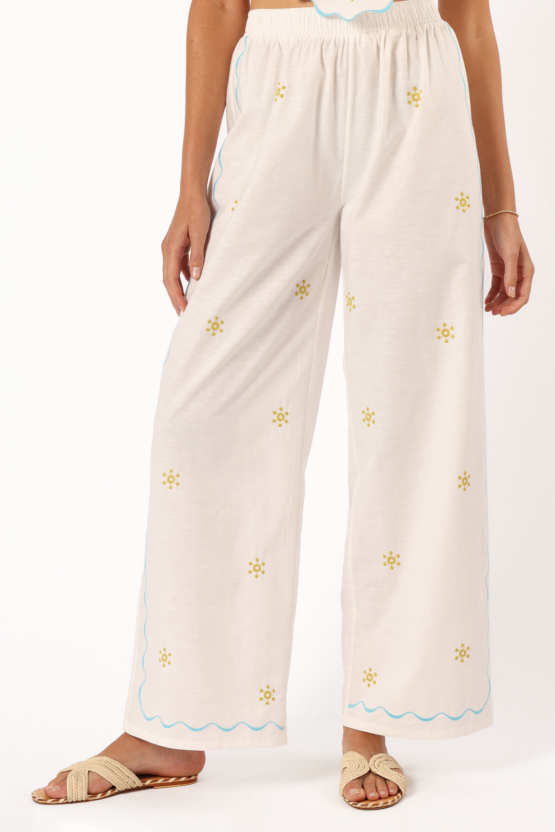 Floral Embroidered Cropped Top & High-Waisted Pant Set - Off White