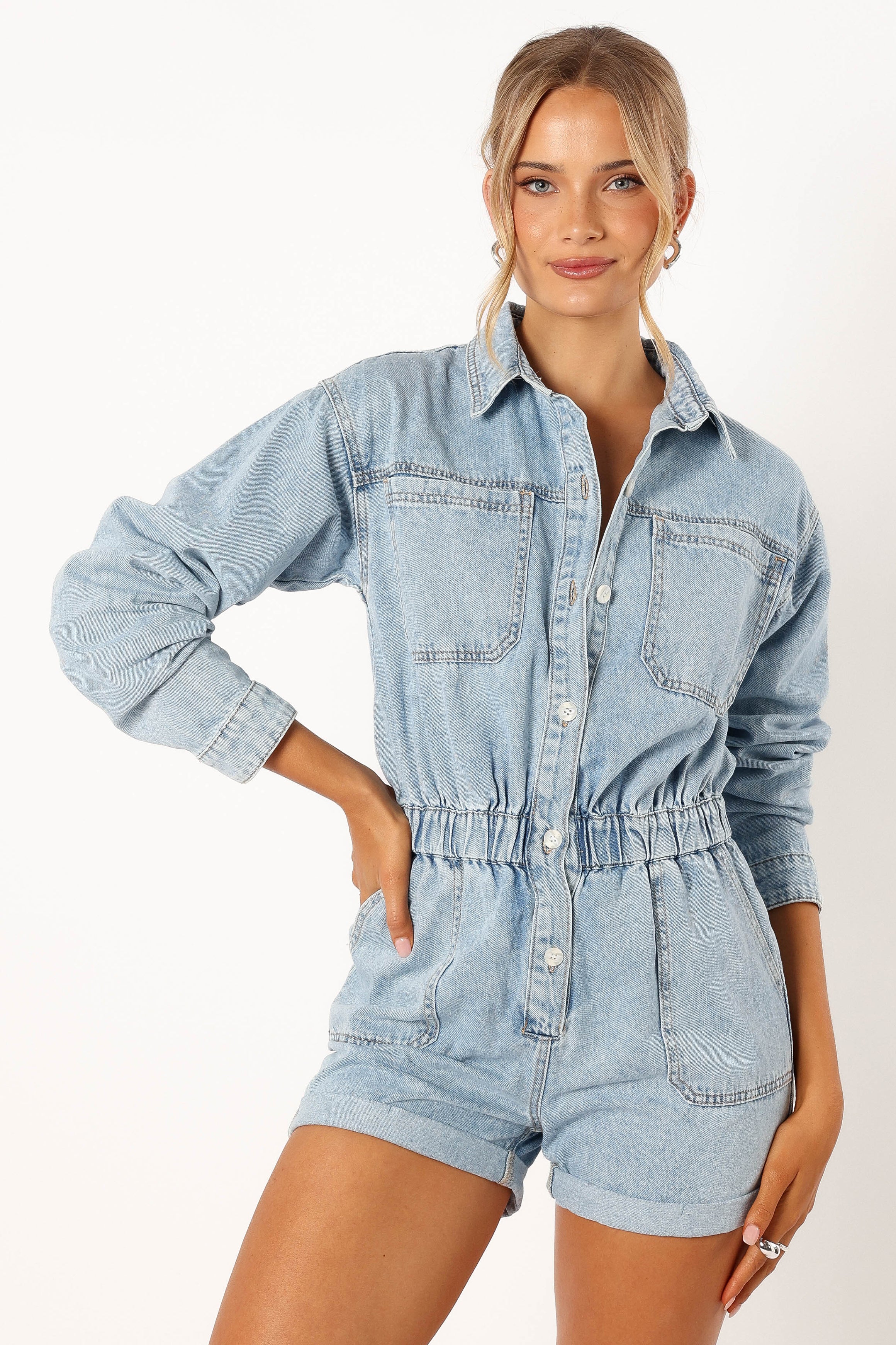 Denim Romper for Women - V-Neck Long Sleeve with Pockets