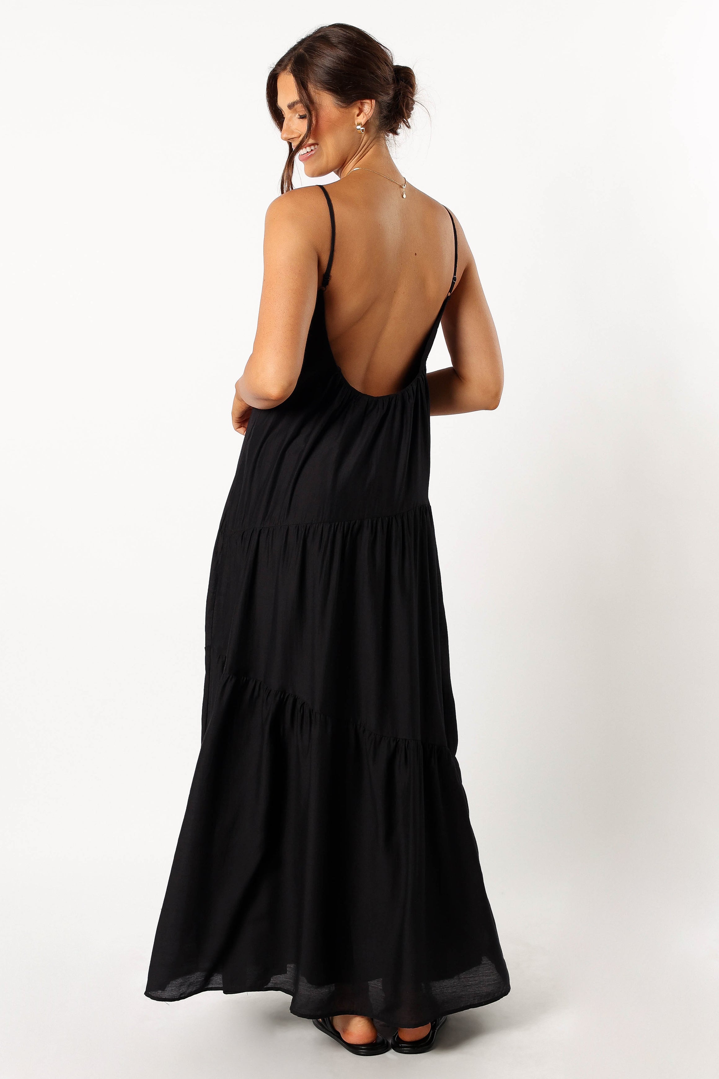 Bennie Black Midi Dress with Tiered Skirt & Adjustable Straps