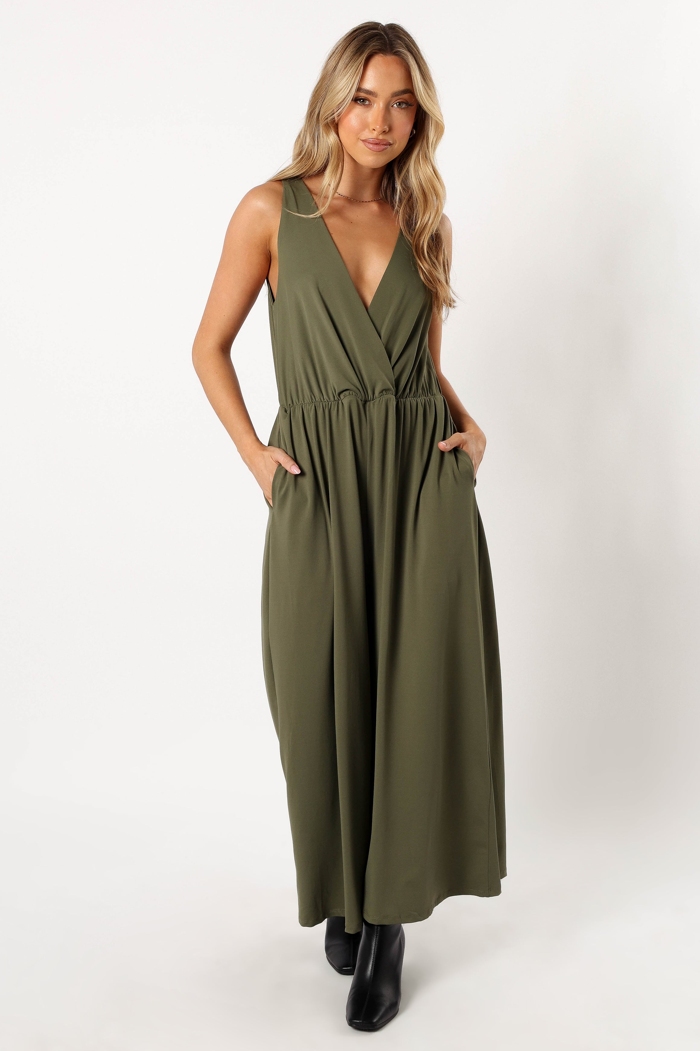 Miya Olive Jumpsuit for Women - Wide Leg with Pockets & Elastic Waist