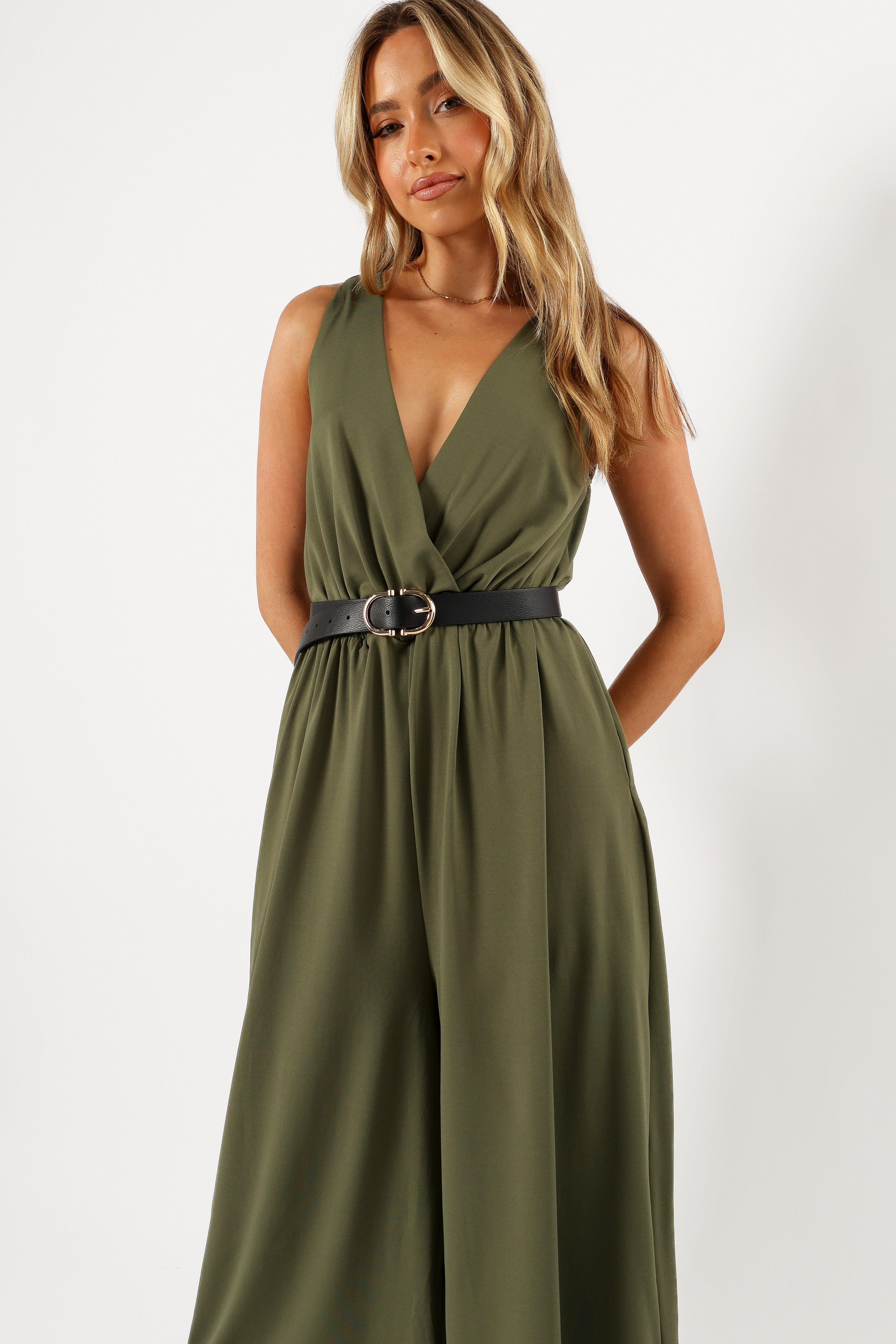 Miya Olive Jumpsuit for Women - Wide Leg with Pockets & Elastic Waist