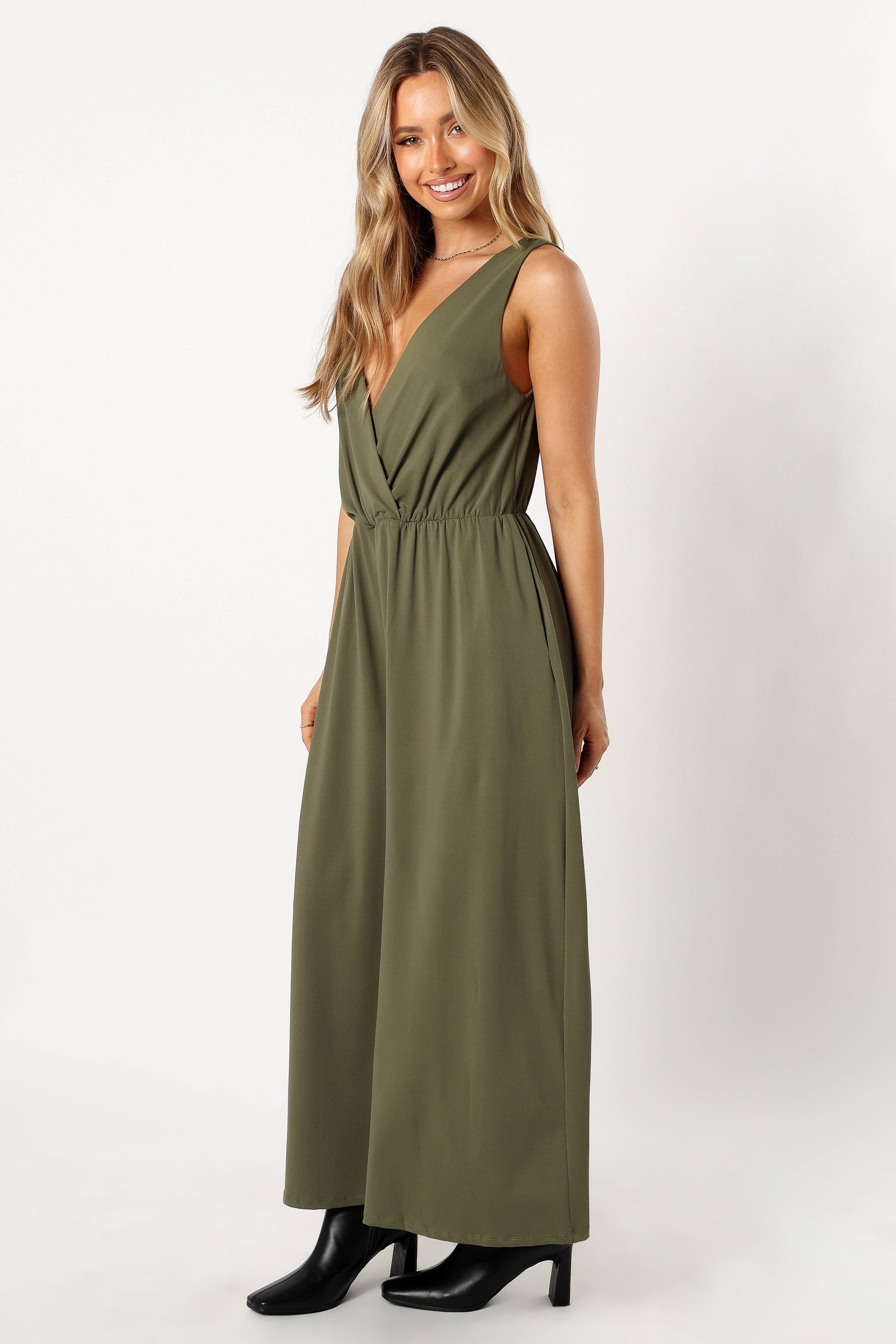 Miya Olive Jumpsuit for Women - Wide Leg with Pockets & Elastic Waist