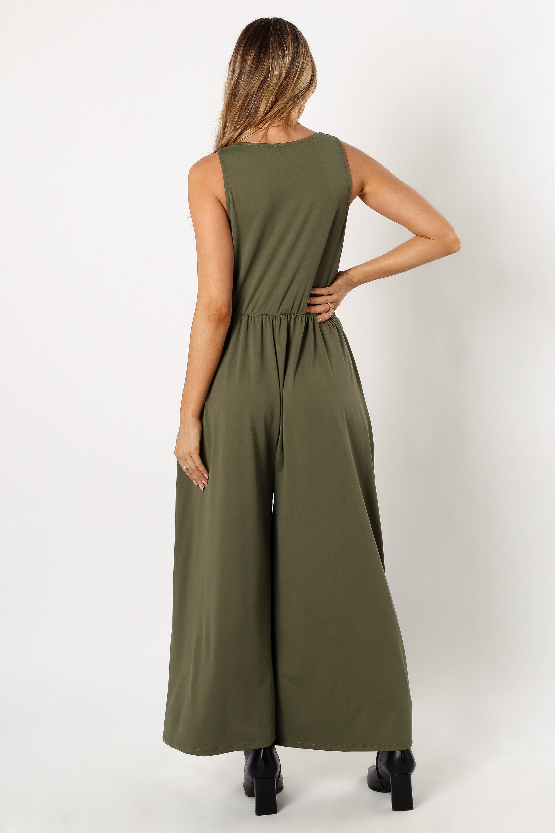 Miya Olive Jumpsuit for Women - Wide Leg with Pockets & Elastic Waist