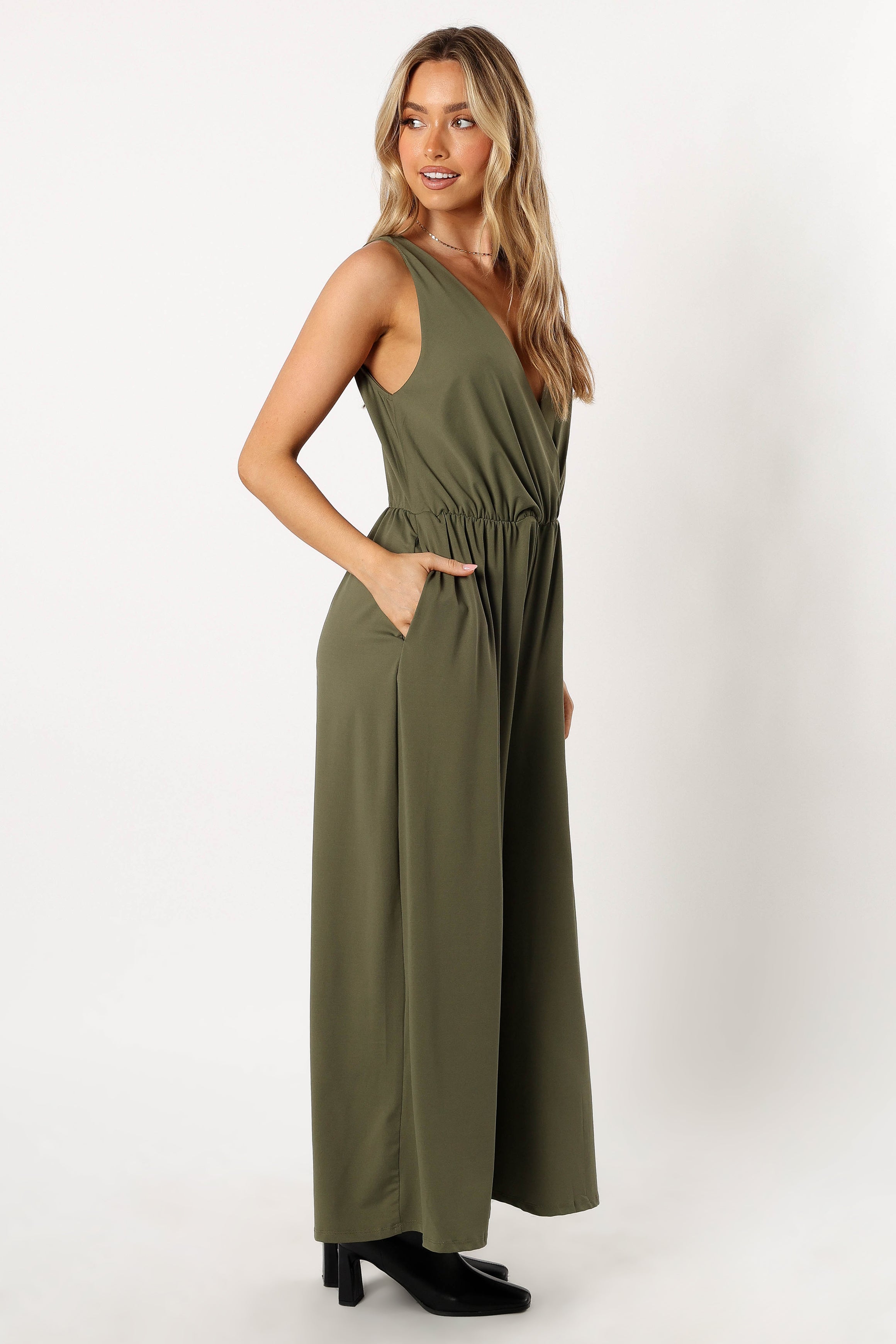 Miya Olive Jumpsuit for Women - Wide Leg with Pockets & Elastic Waist