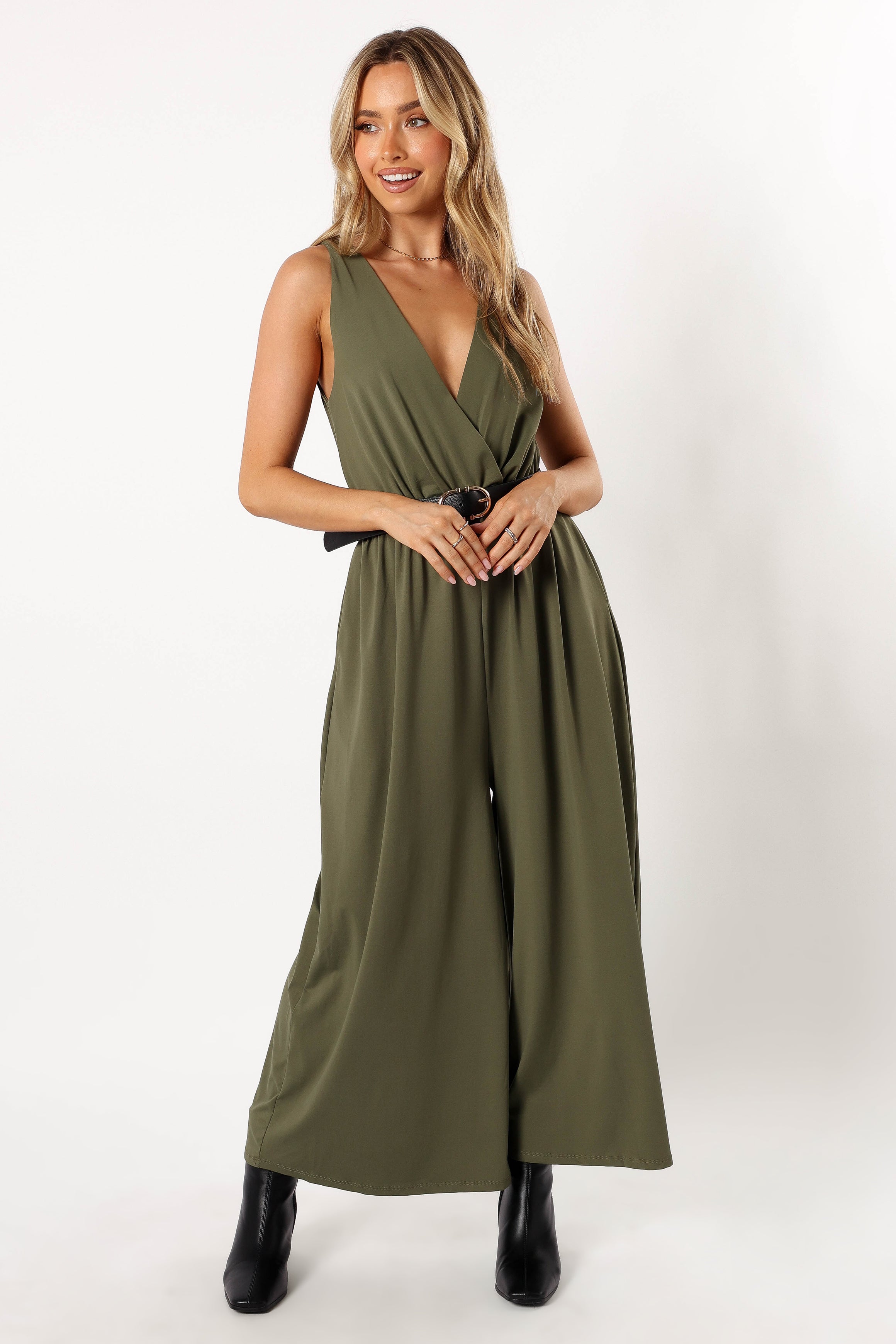 Miya Olive Jumpsuit for Women - Wide Leg with Pockets & Elastic Waist