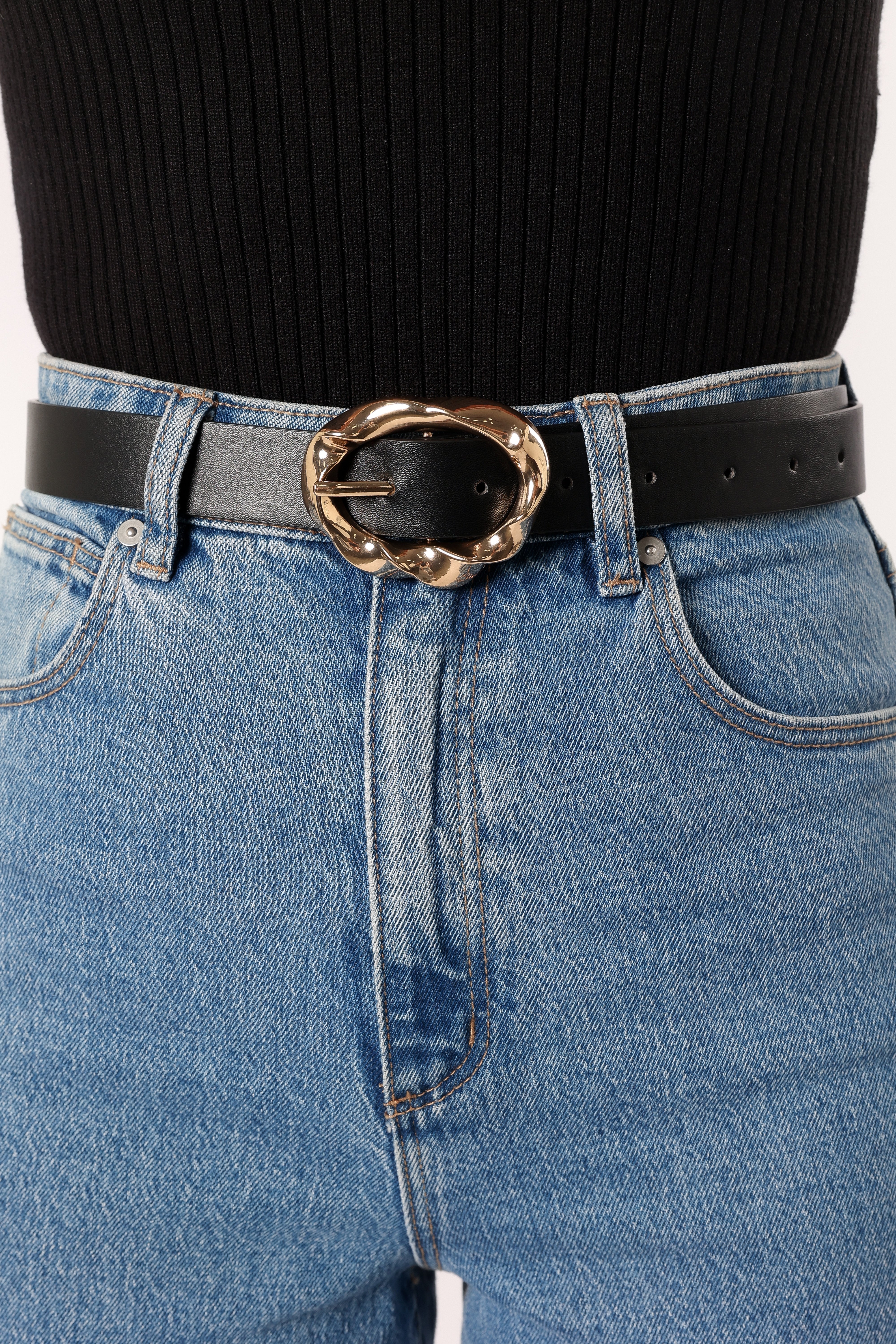 Black Faux Leather Belt with Gold Buckle - Serena Adjustable Waist Belt