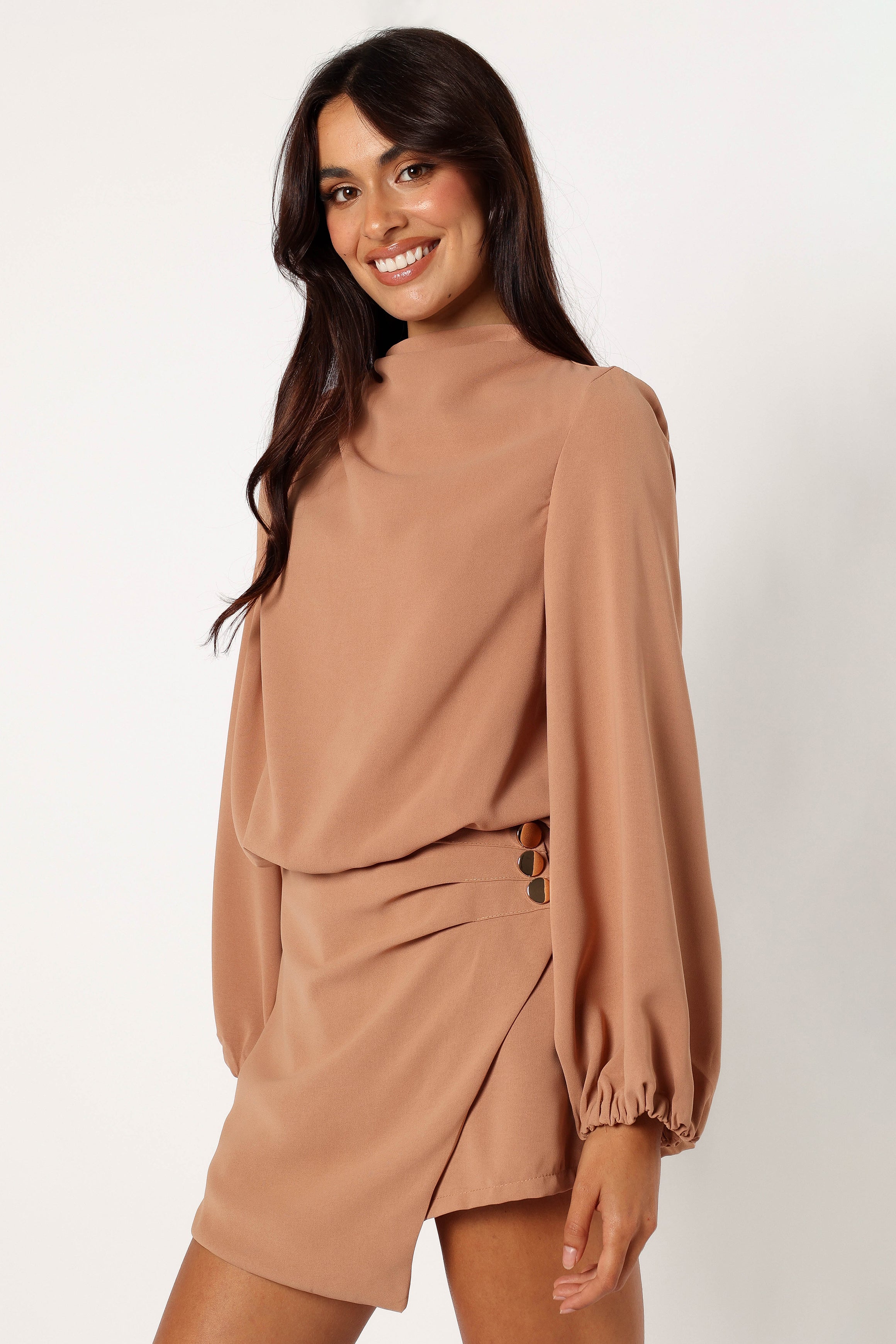 Galen Mock Neck Long Sleeve Romper - Mocha Wrap Style Jumpsuit