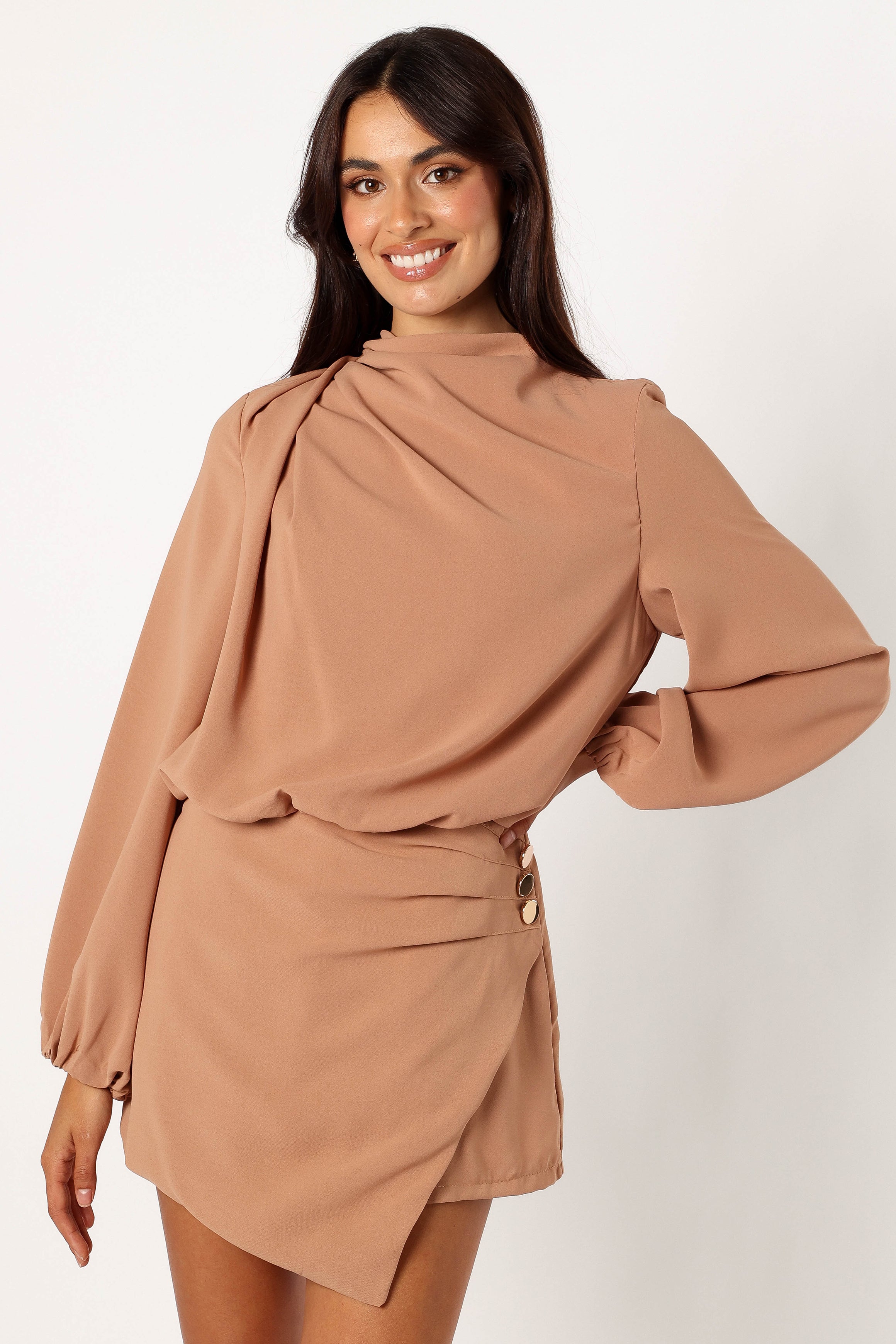 Galen Mock Neck Long Sleeve Romper - Mocha Wrap Style Jumpsuit