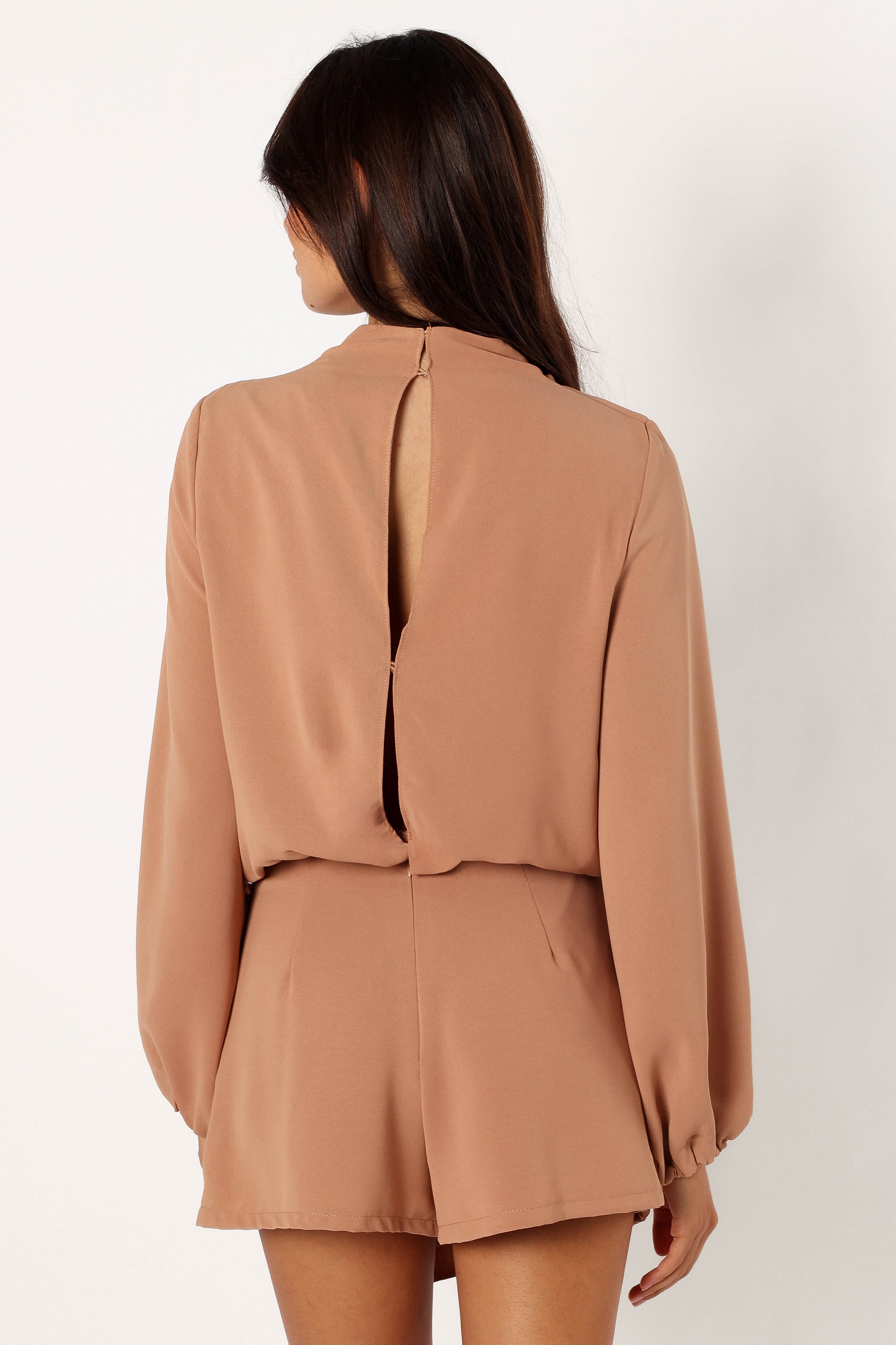 Galen Mock Neck Long Sleeve Romper - Mocha Wrap Style Jumpsuit