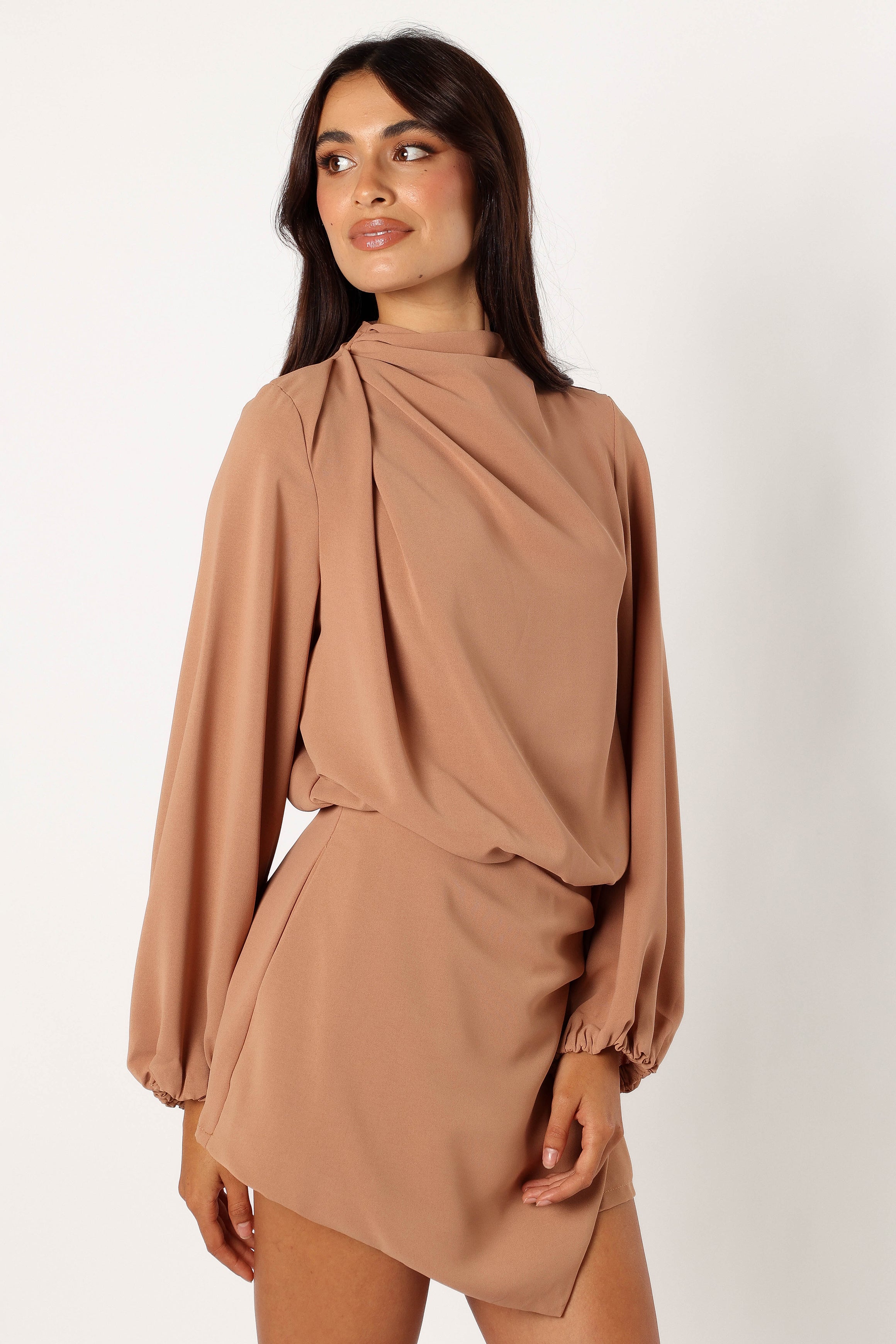 Galen Mock Neck Long Sleeve Romper - Mocha Wrap Style Jumpsuit