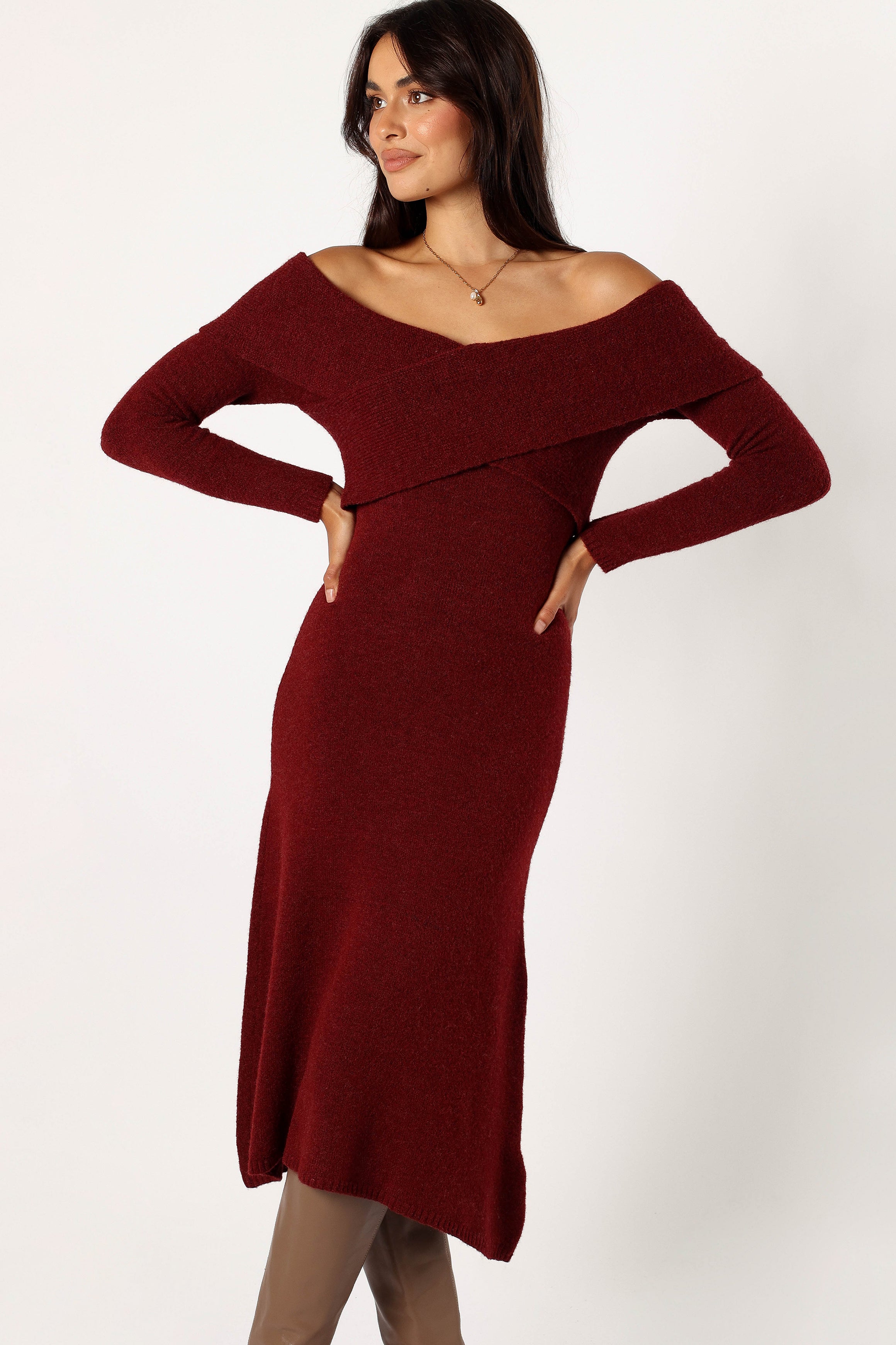 Red Off Shoulder Midi Dress - Slim Fit Long Sleeve Party Dress
