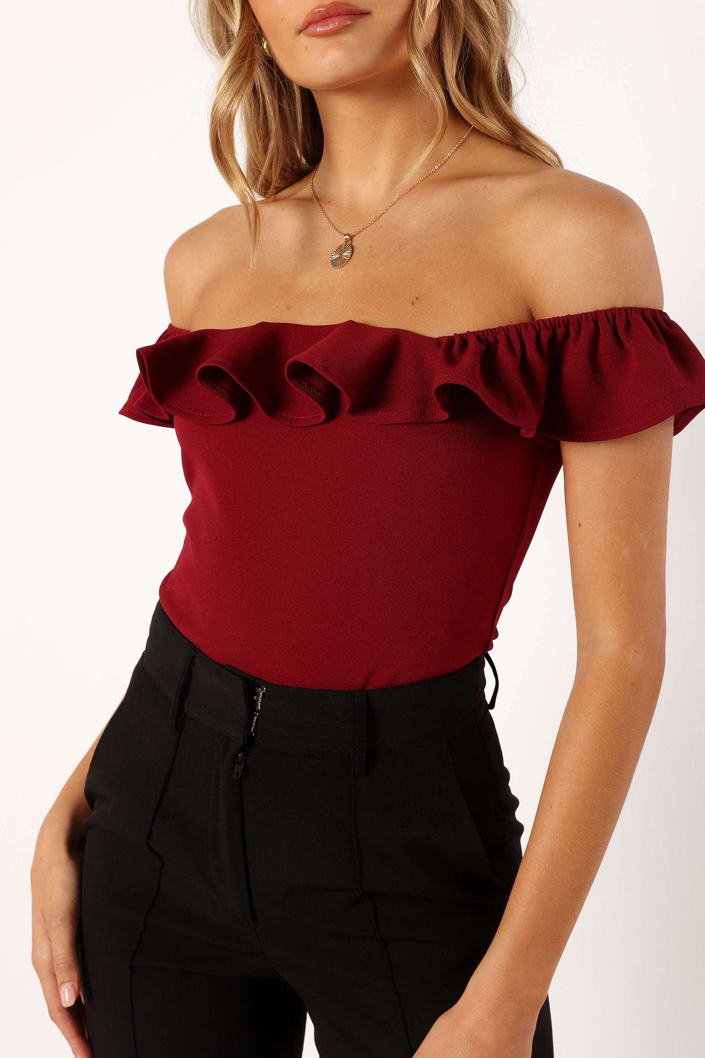 Mikaela Ruffled Square Neck Bodysuit - Dark Red Slim Fit