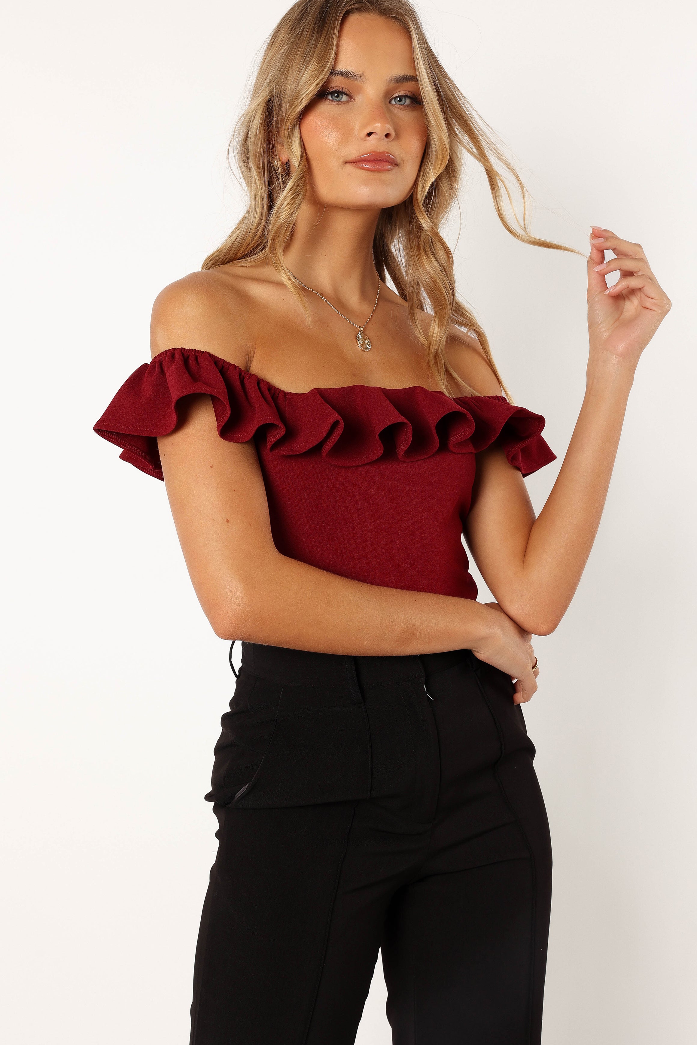 Mikaela Ruffled Square Neck Bodysuit - Dark Red Slim Fit