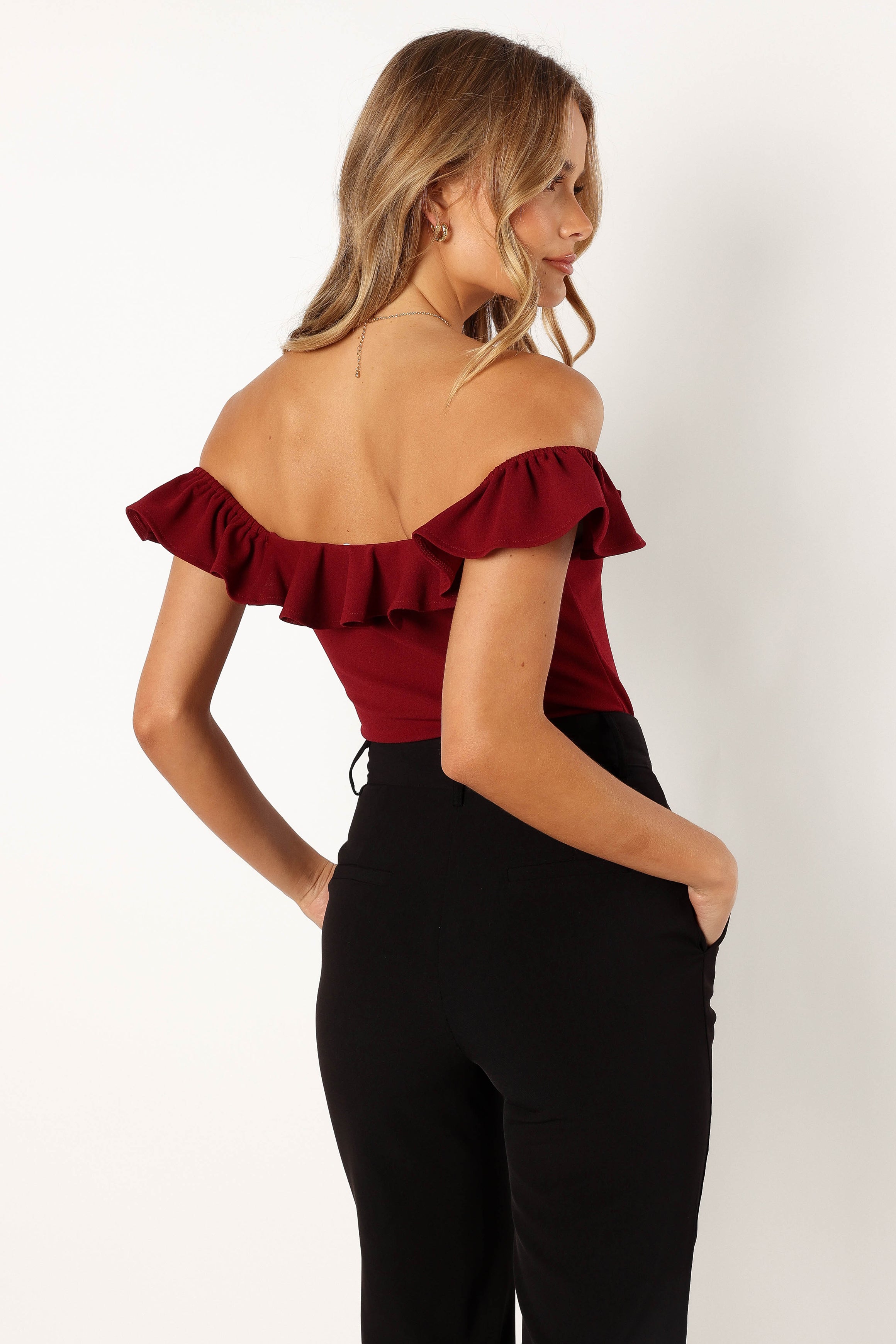 Mikaela Ruffled Square Neck Bodysuit - Dark Red Slim Fit