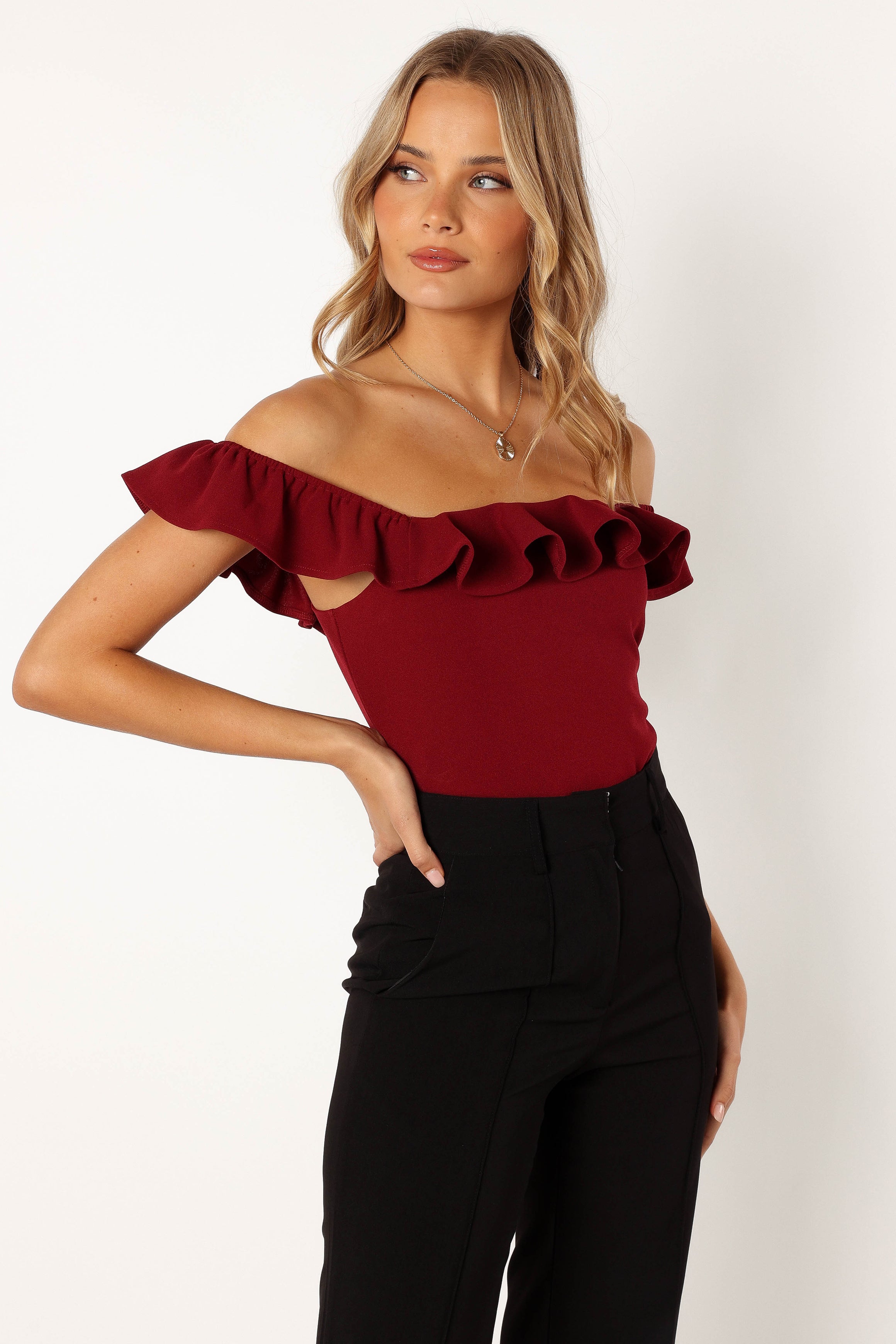 Mikaela Ruffled Square Neck Bodysuit - Dark Red Slim Fit
