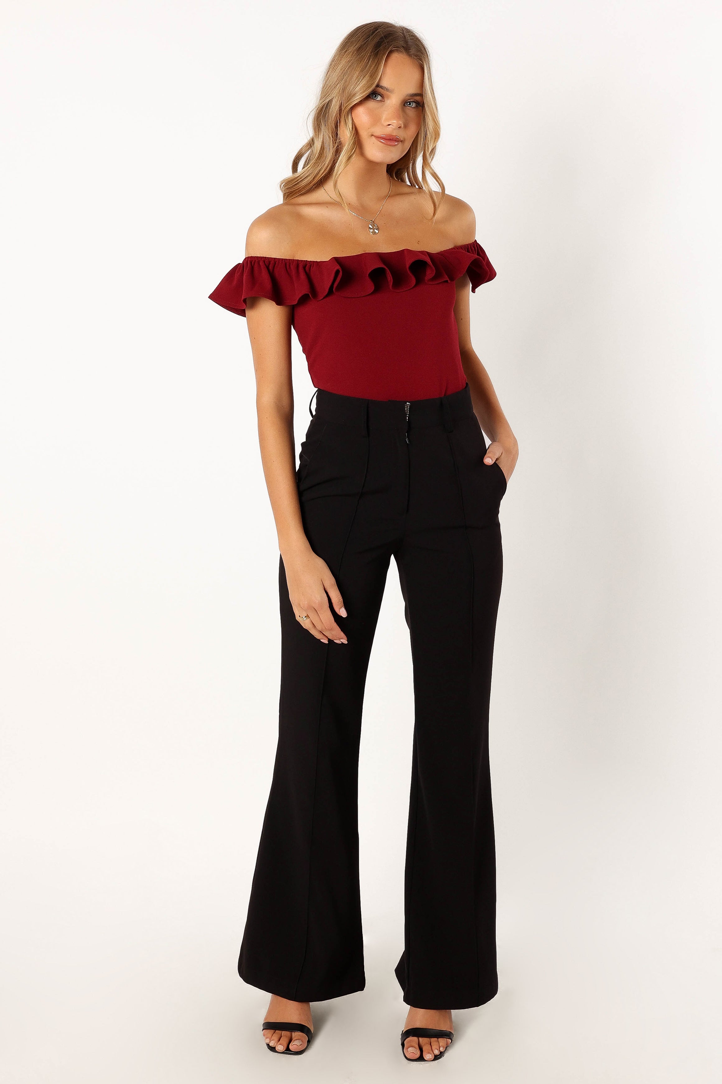 Mikaela Ruffled Square Neck Bodysuit - Dark Red Slim Fit