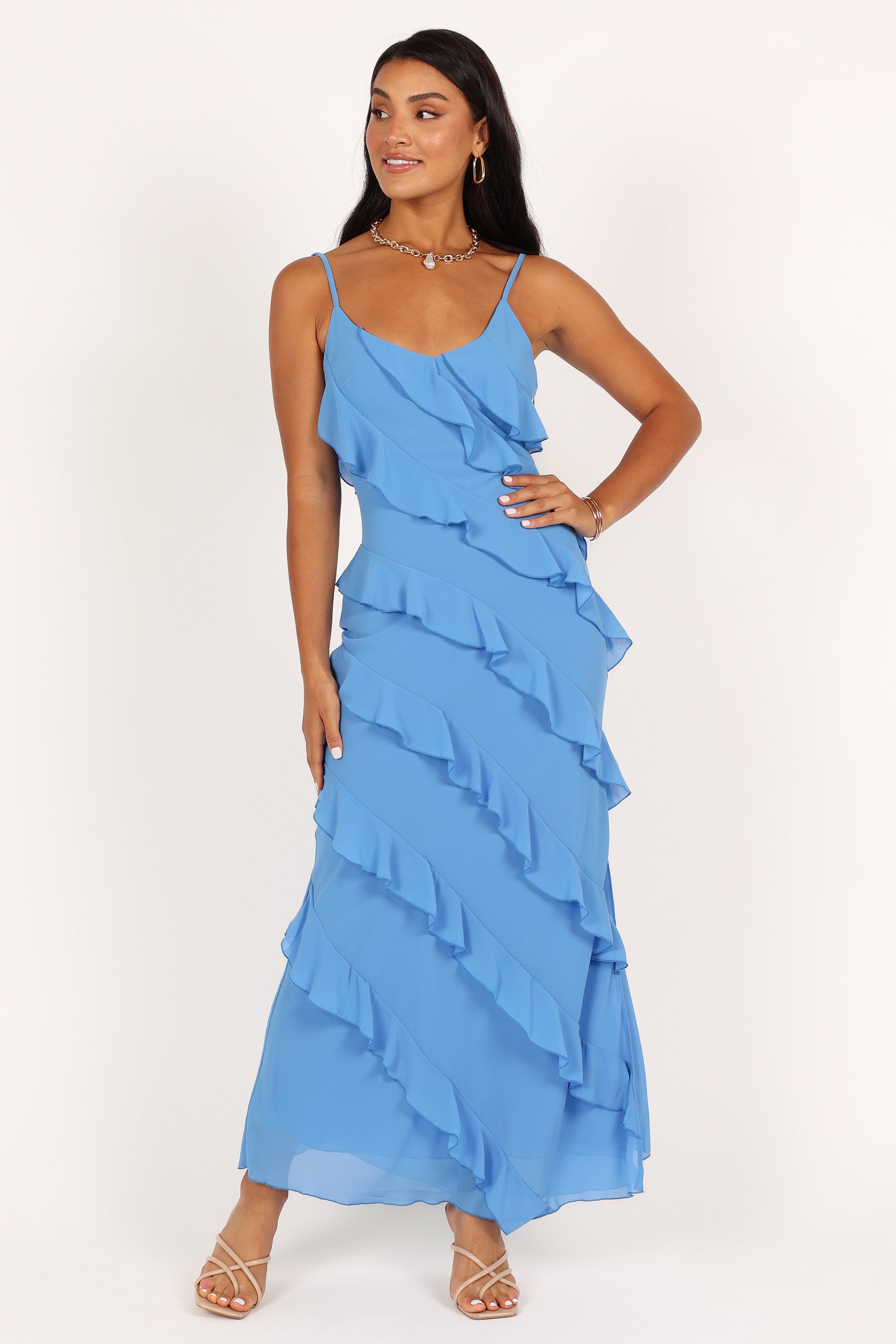 Blue Ruffled Maxi Dress with V-Neck & Side Split - Ciao