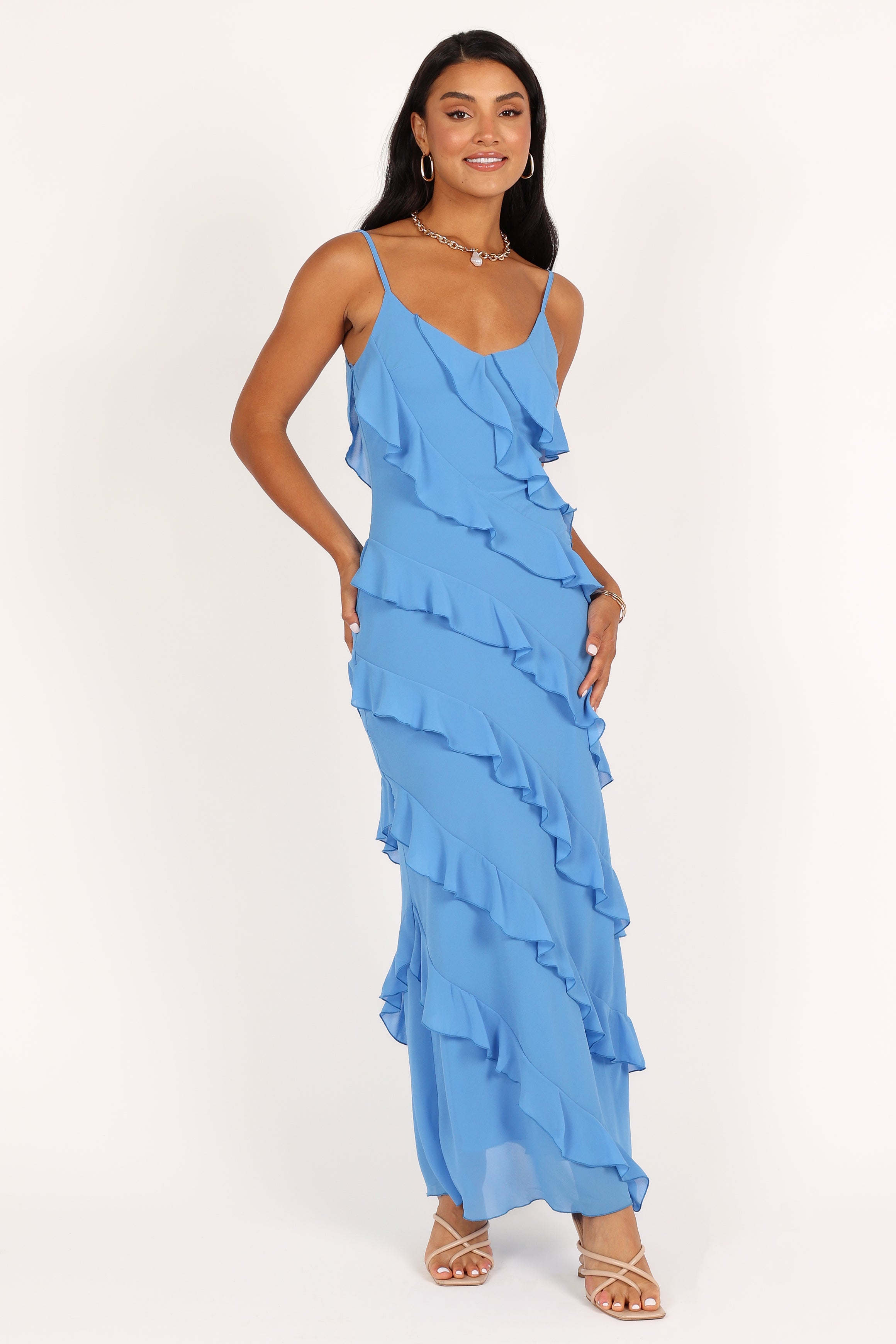 Blue Ruffled Maxi Dress with V-Neck & Side Split - Ciao