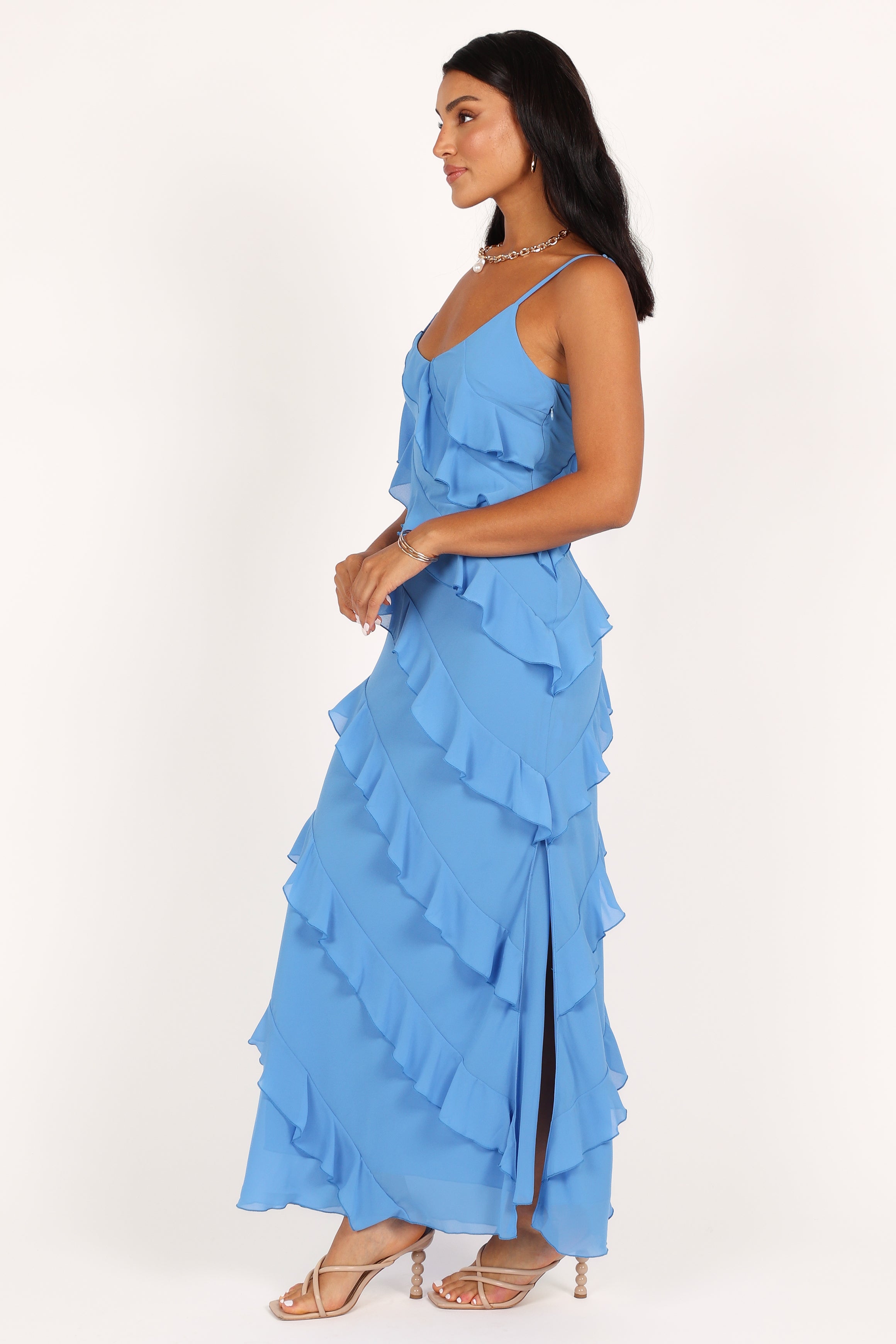 Blue Ruffled Maxi Dress with V-Neck & Side Split - Ciao