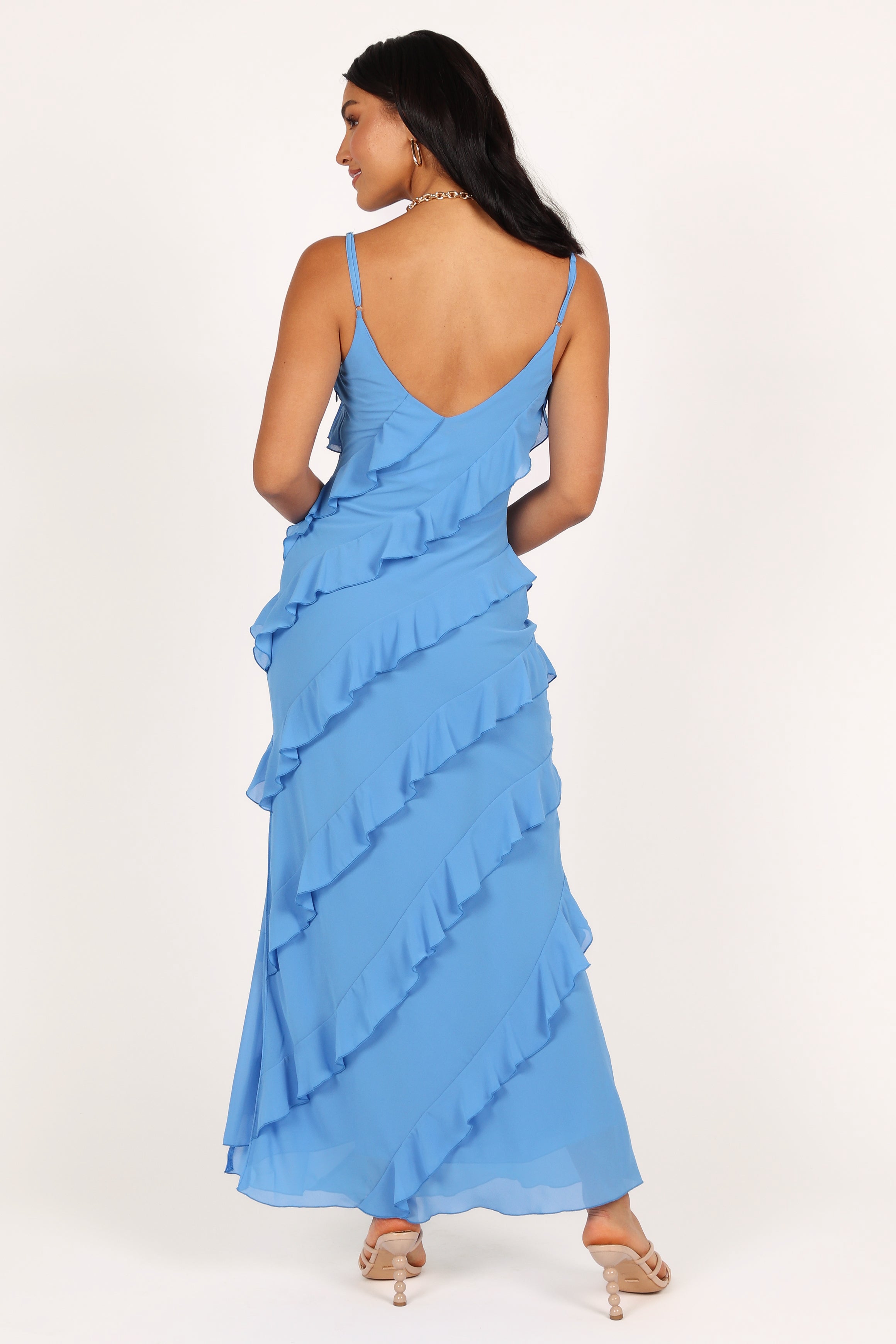 Blue Ruffled Maxi Dress with V-Neck & Side Split - Ciao