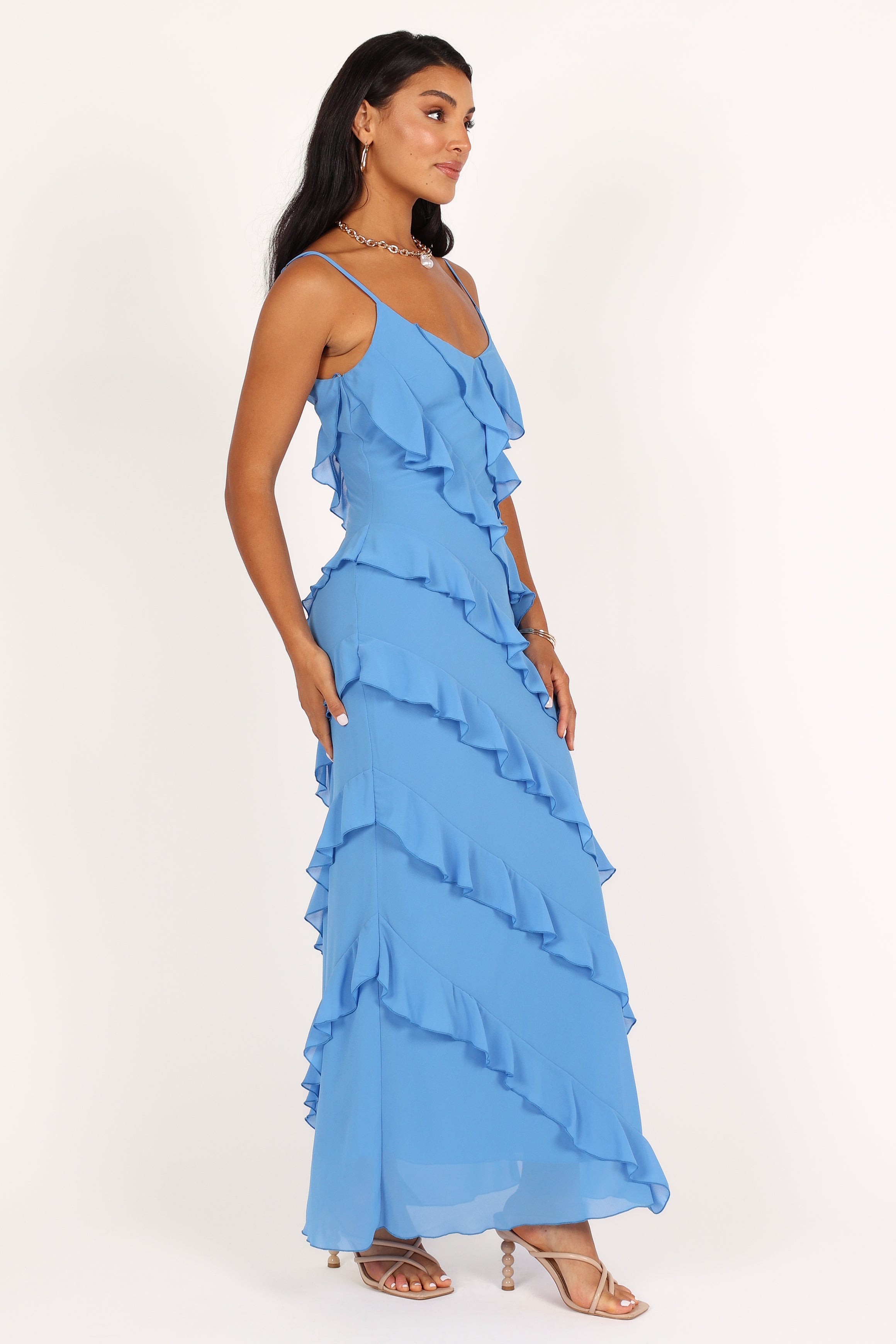 Blue Ruffled Maxi Dress with V-Neck & Side Split - Ciao