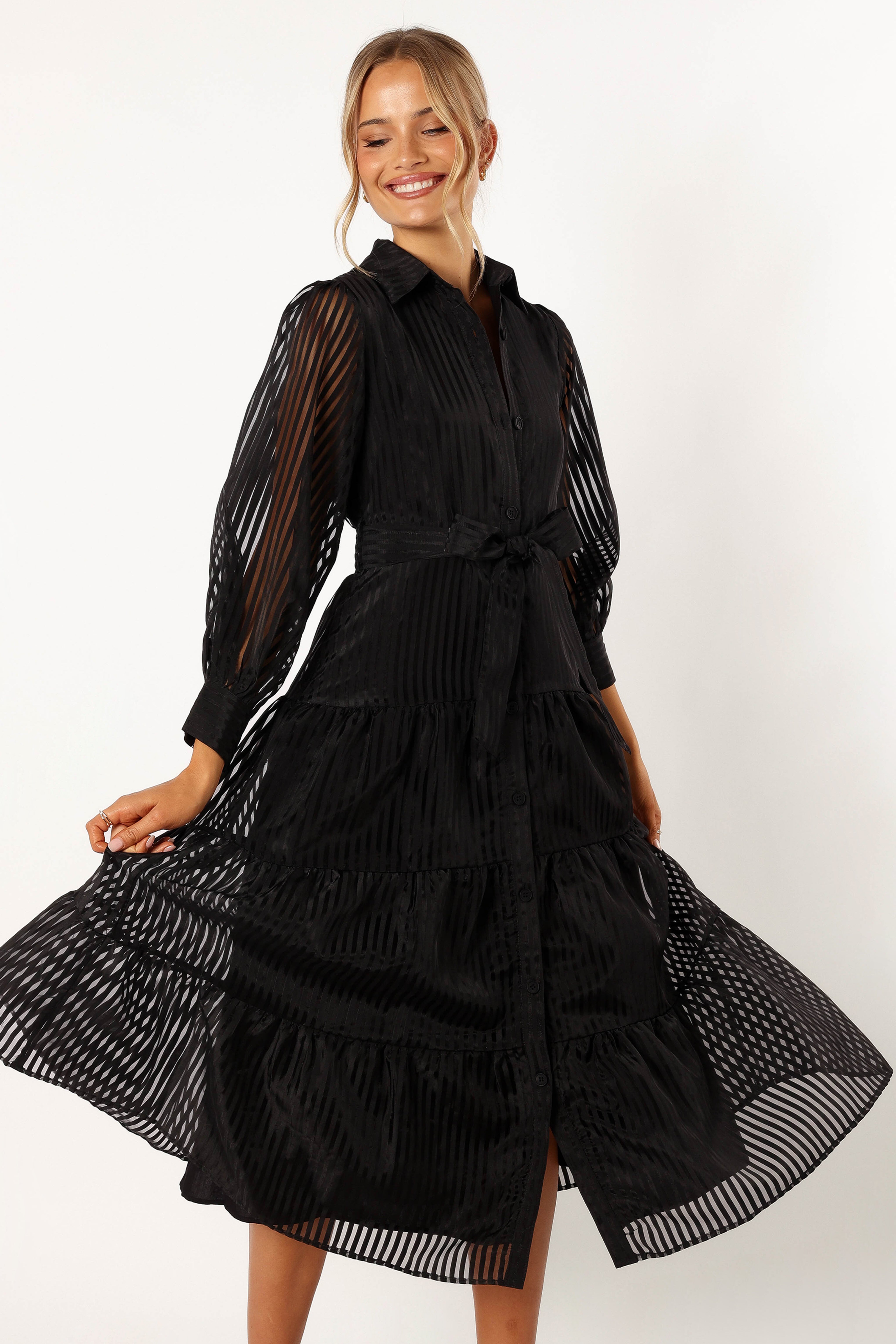 Black Long Sleeve Maxi Dress with Detachable Waist Tie - Neve