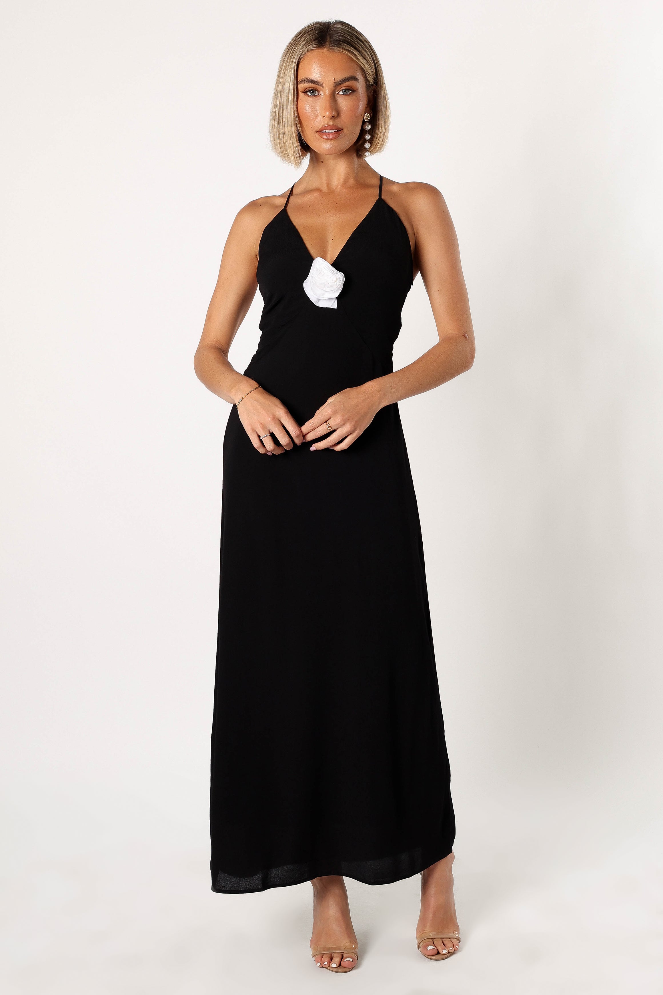 Black Floral Maxi Dress with V-Neck & Adjustable Straps - Florence Rosette