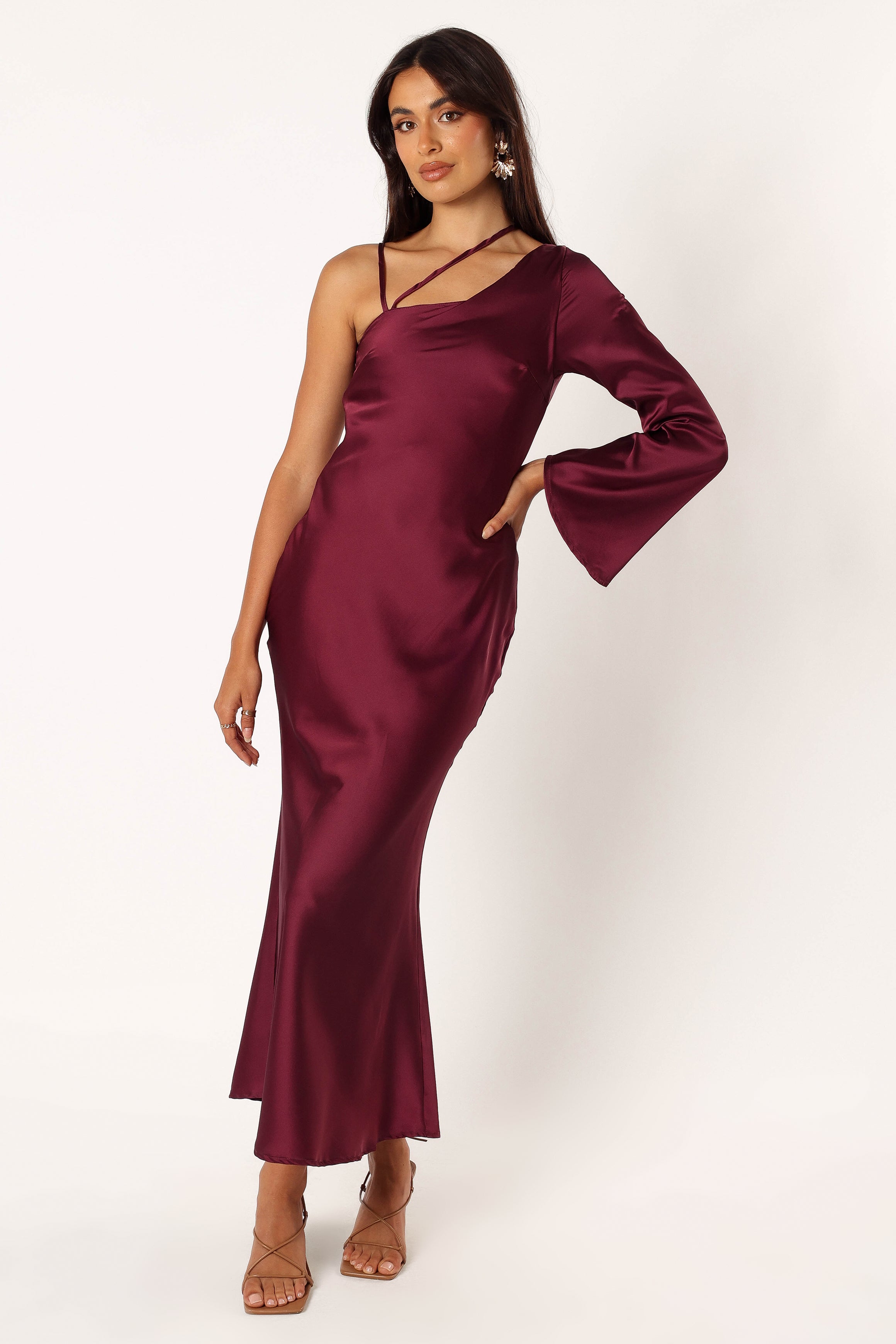 Elegant One Shoulder Midi Dress in Wine - Satin Feel & Adjustable Straps