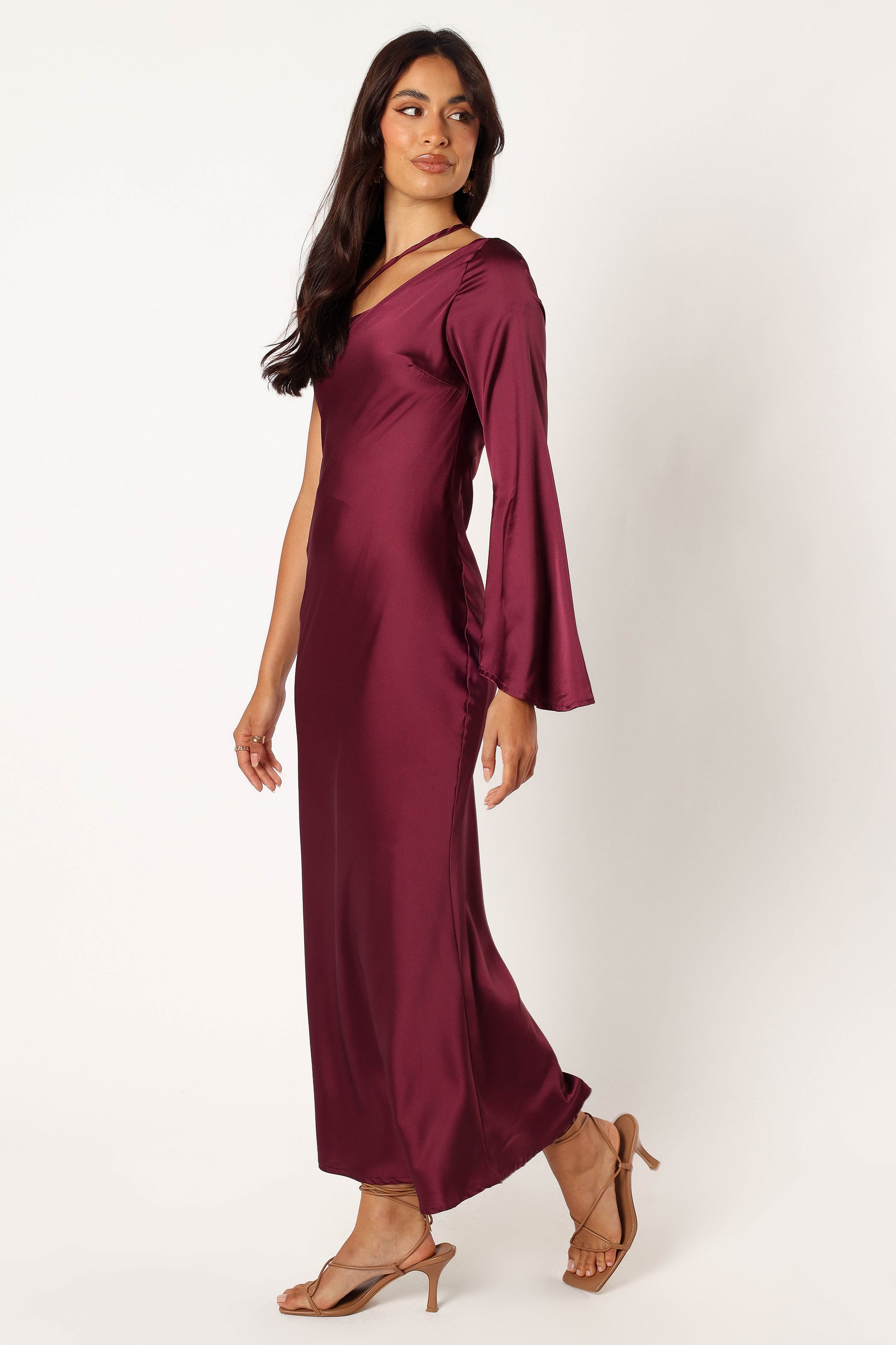 Elegant One Shoulder Midi Dress in Wine - Satin Feel & Adjustable Straps
