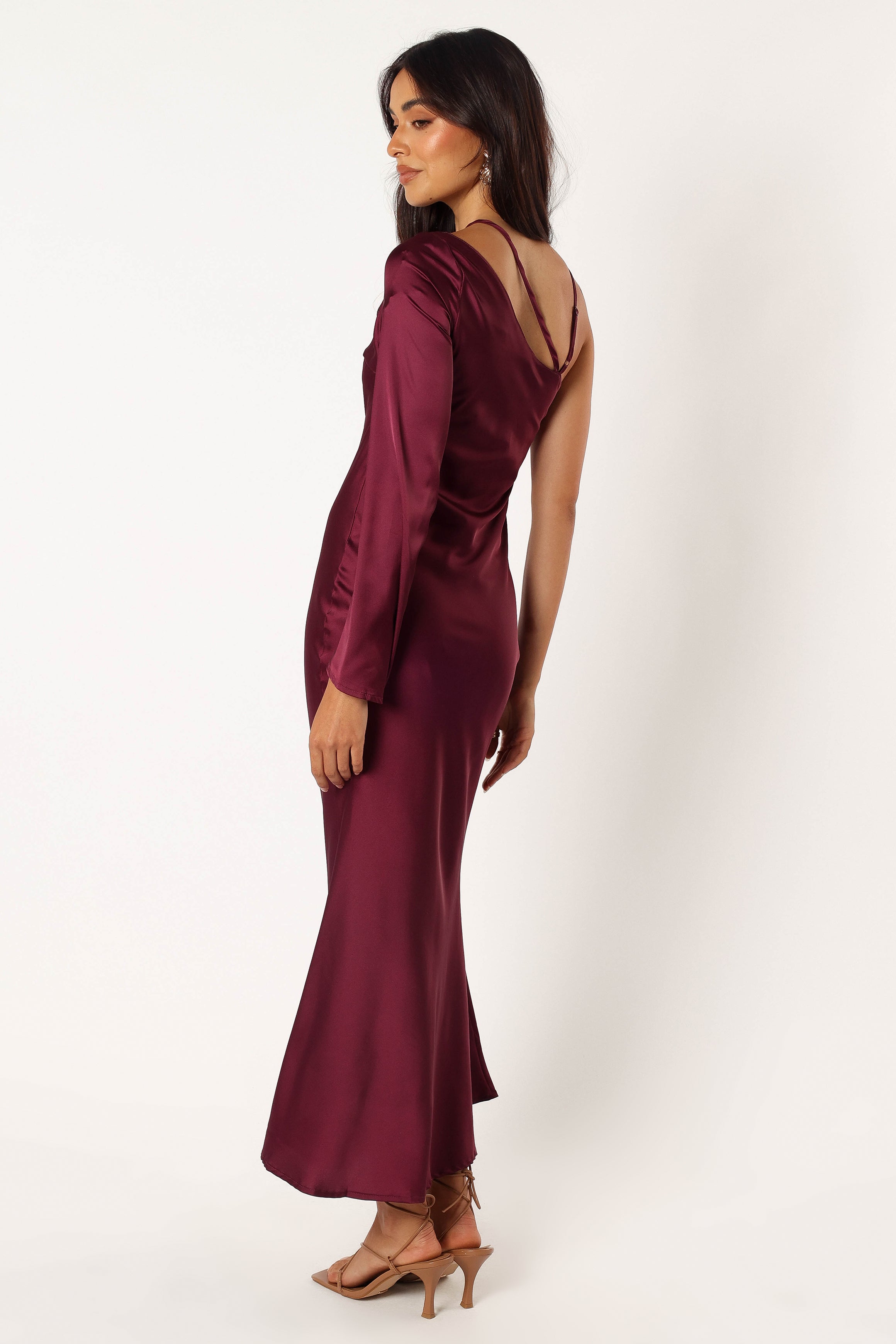 Elegant One Shoulder Midi Dress in Wine - Satin Feel & Adjustable Straps