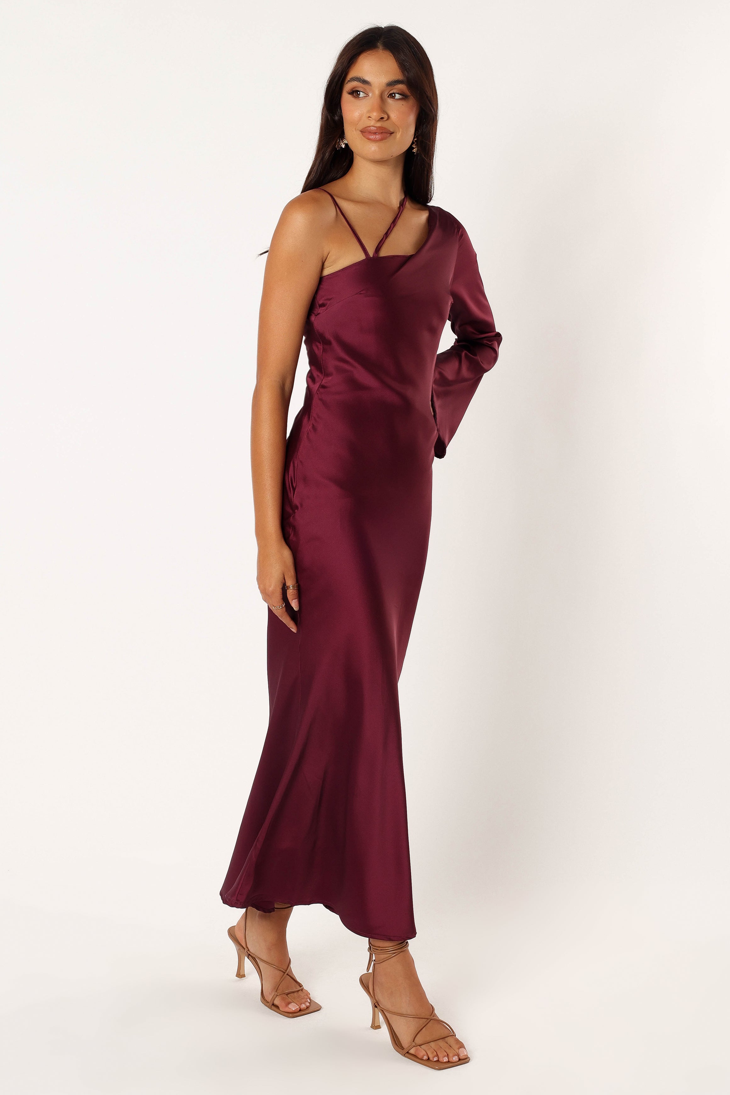 Elegant One Shoulder Midi Dress in Wine - Satin Feel & Adjustable Straps