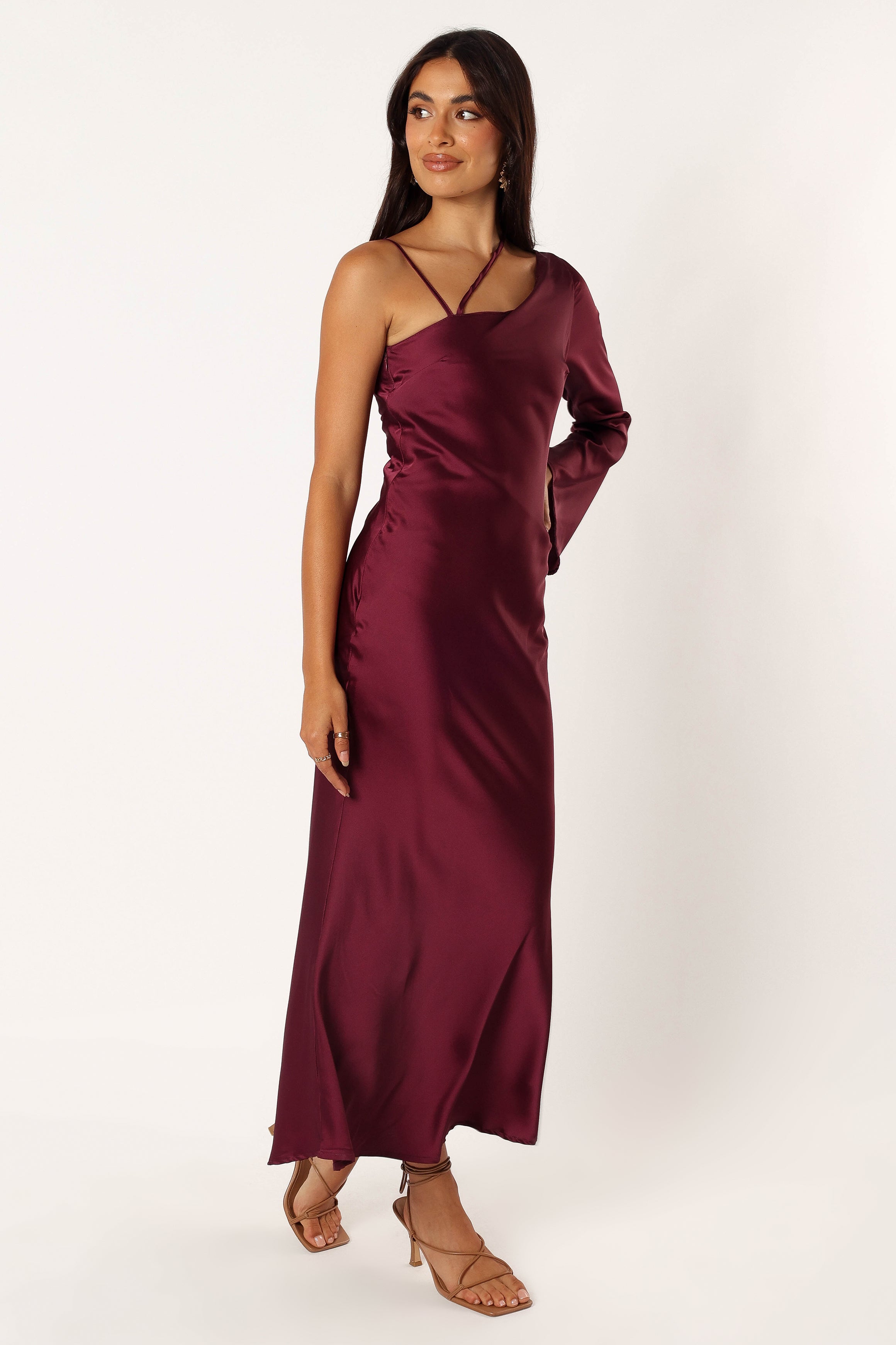 Elegant One Shoulder Midi Dress in Wine - Satin Feel & Adjustable Straps