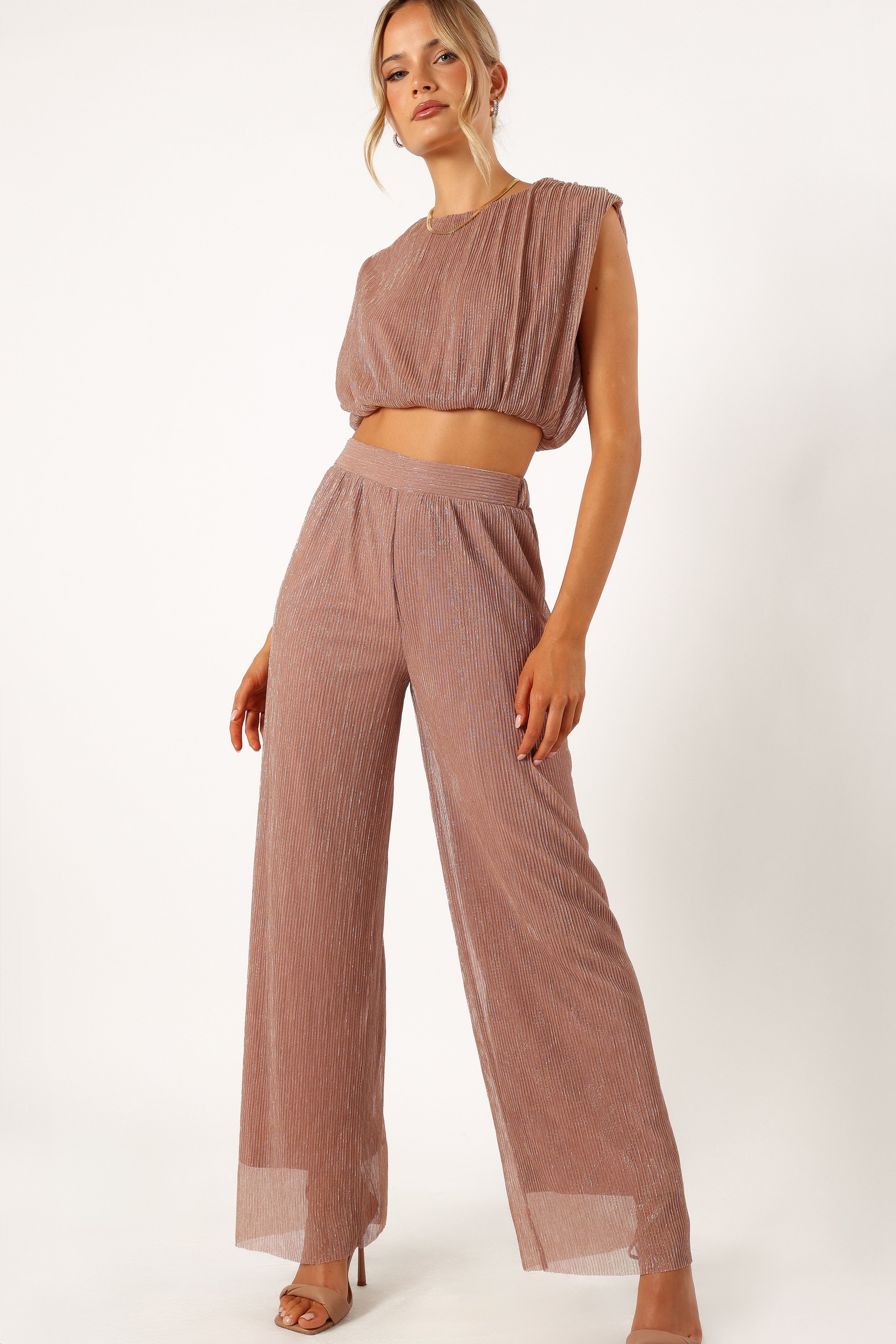 Alexia Women's Dusty Rose Plisse Two Piece Set - Sleeveless Top & Maxi Pants