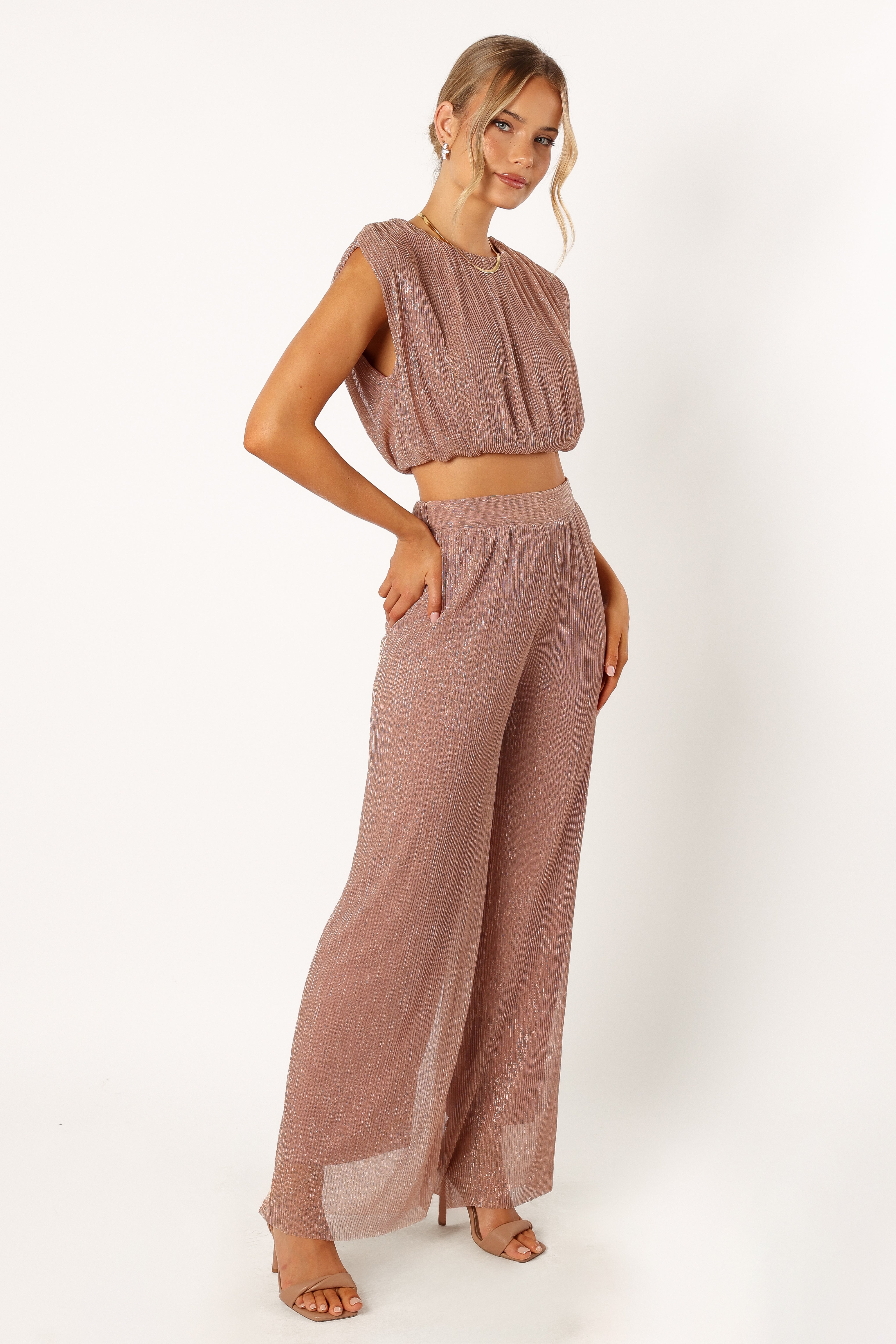 Alexia Women's Dusty Rose Plisse Two Piece Set - Sleeveless Top & Maxi Pants