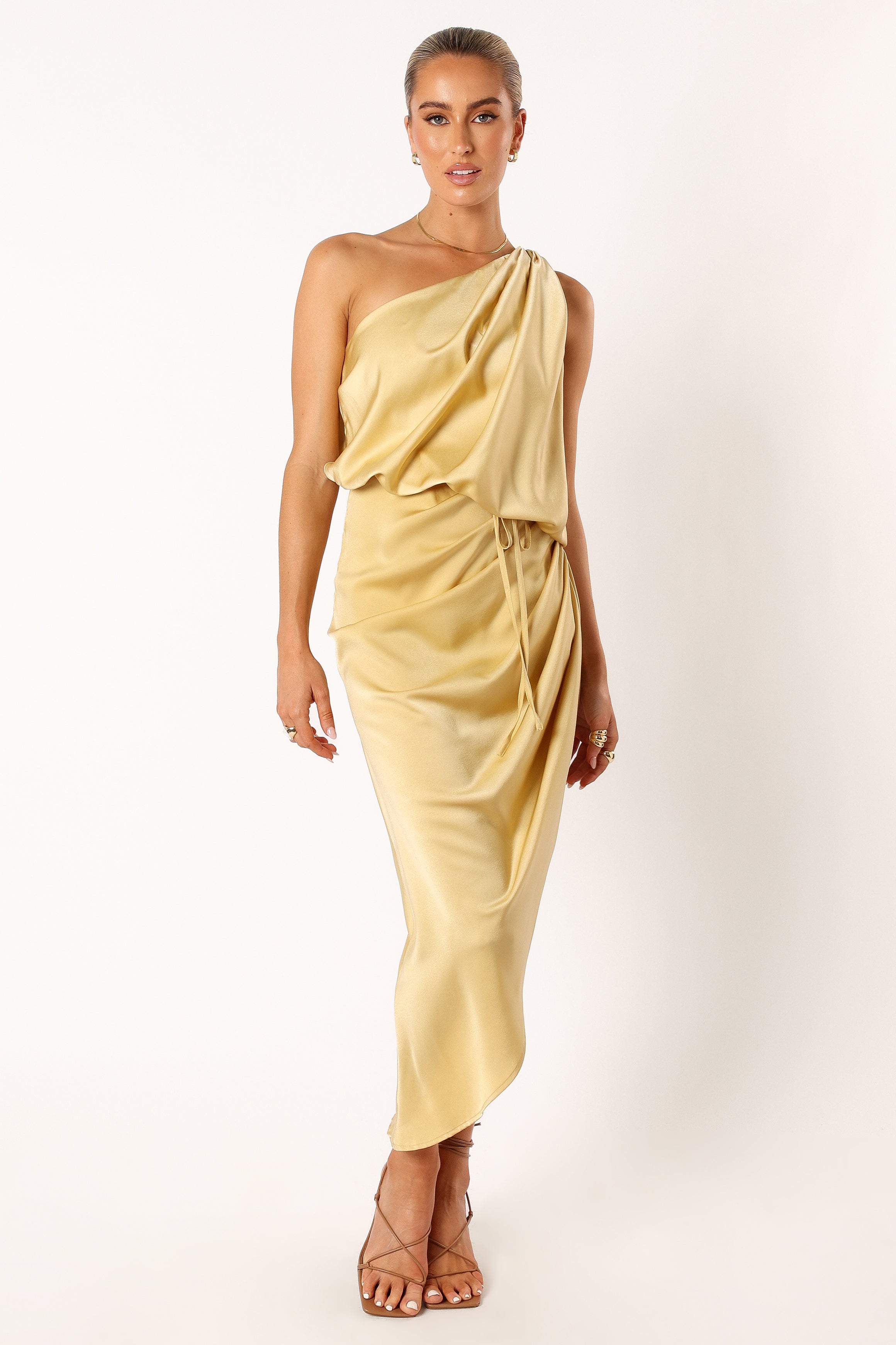 Mustard One Shoulder Midi Dress with Side Tie Detail