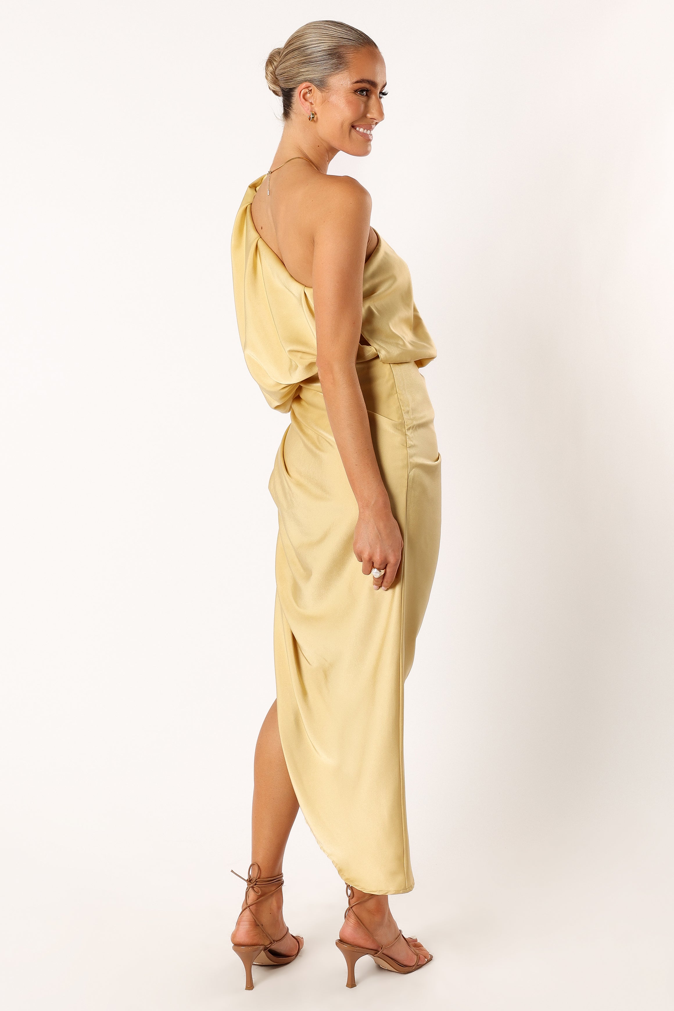 Mustard One Shoulder Midi Dress with Side Tie Detail