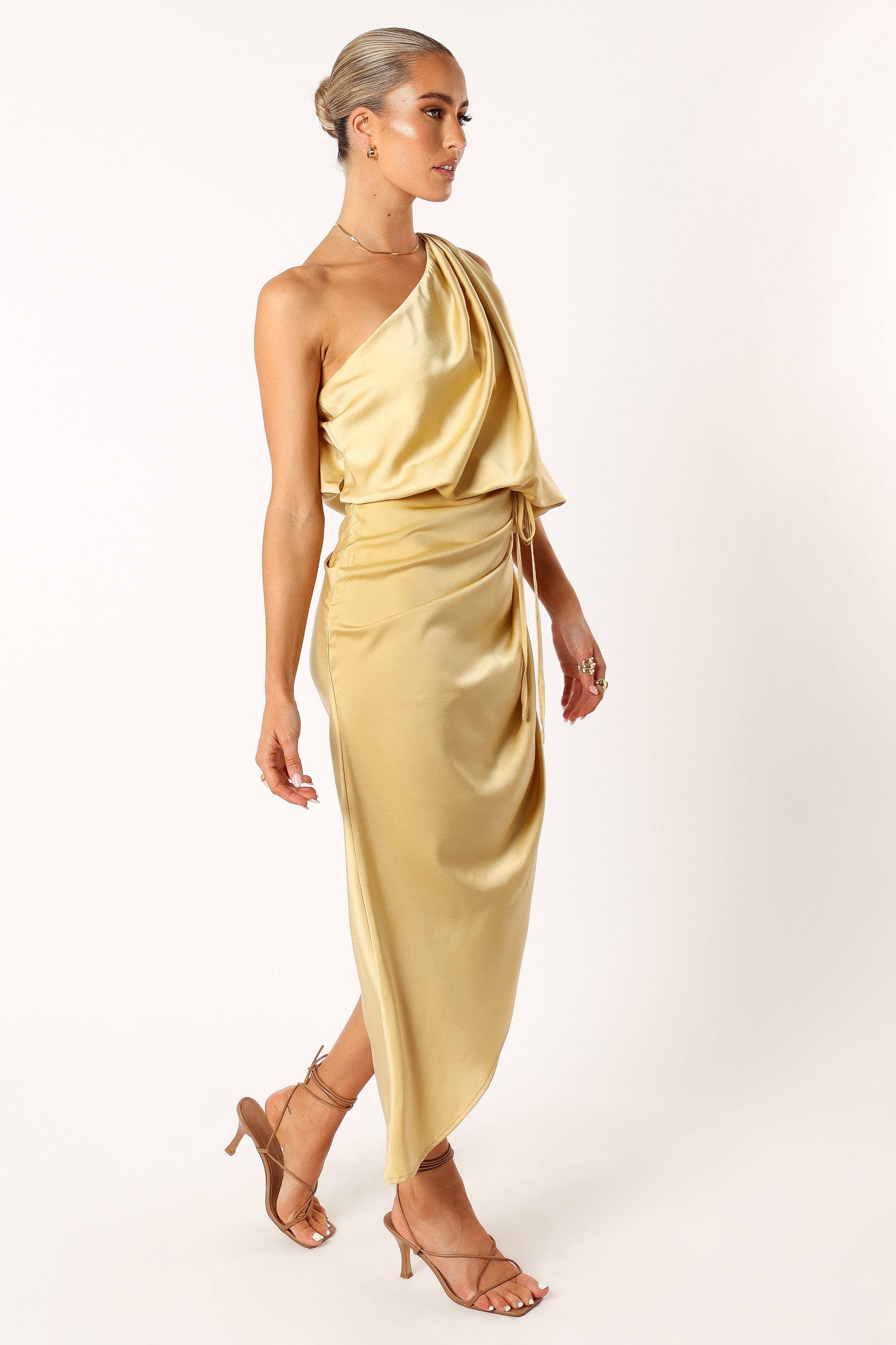 Mustard One Shoulder Midi Dress with Side Tie Detail