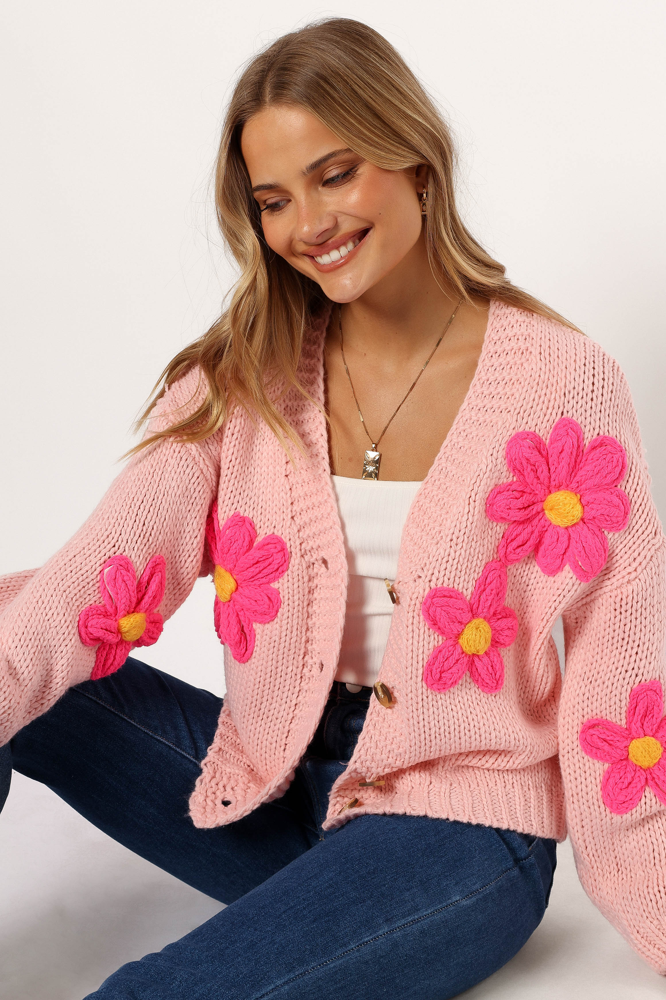 Pink Floral Embroidered Cardigan - Cropped Open Front Design