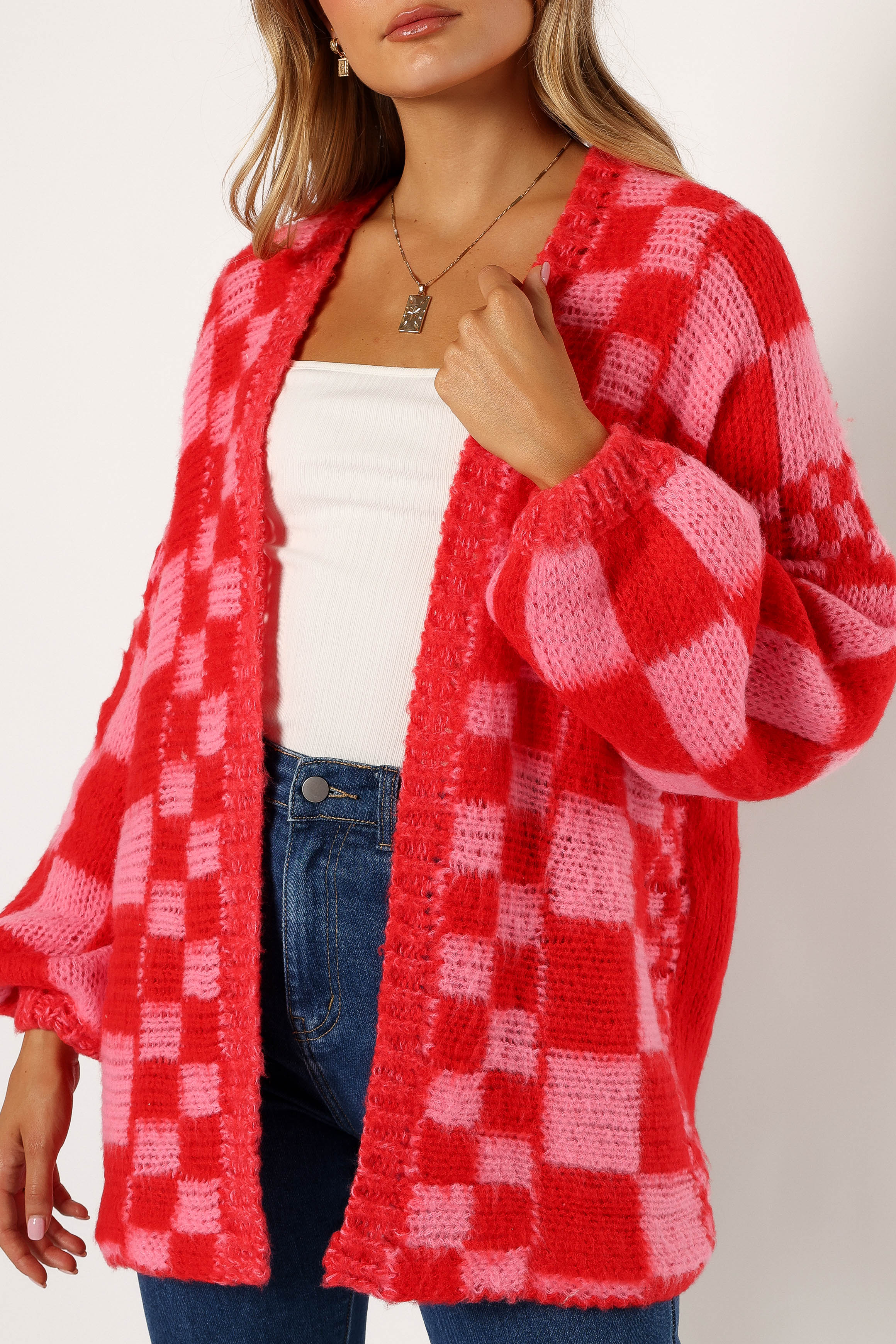 Davina Open Front Cardigan - Red & Pink Knit Long Sleeve